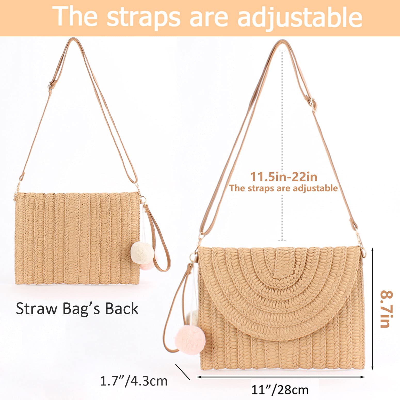 Straw Shoulder Bag for Women - Woven Beach Purse & Envelope Clutch Wallet - Perfect for Summer Outings, Beach Vacations and Daily Use