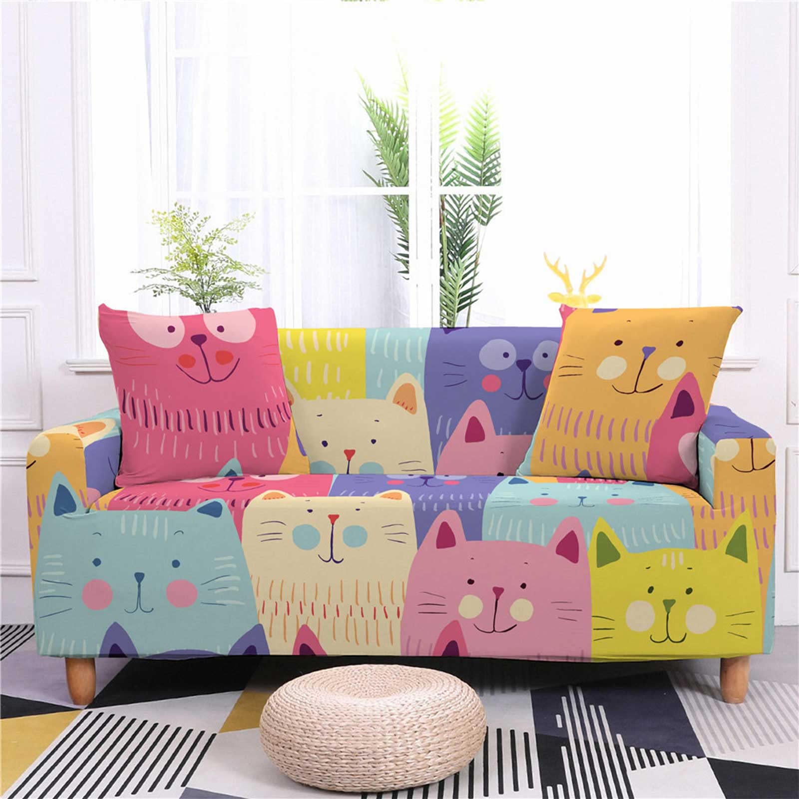 YOURCOZY Stretch Sofa Cover with Cat Print - Universal Elastic Couch Slipcover for 4-Seater Sofas (92-122'') - Includes 2 Pillowcases - Animal Pattern Furniture Protector for Living Room, Bedroom & Office