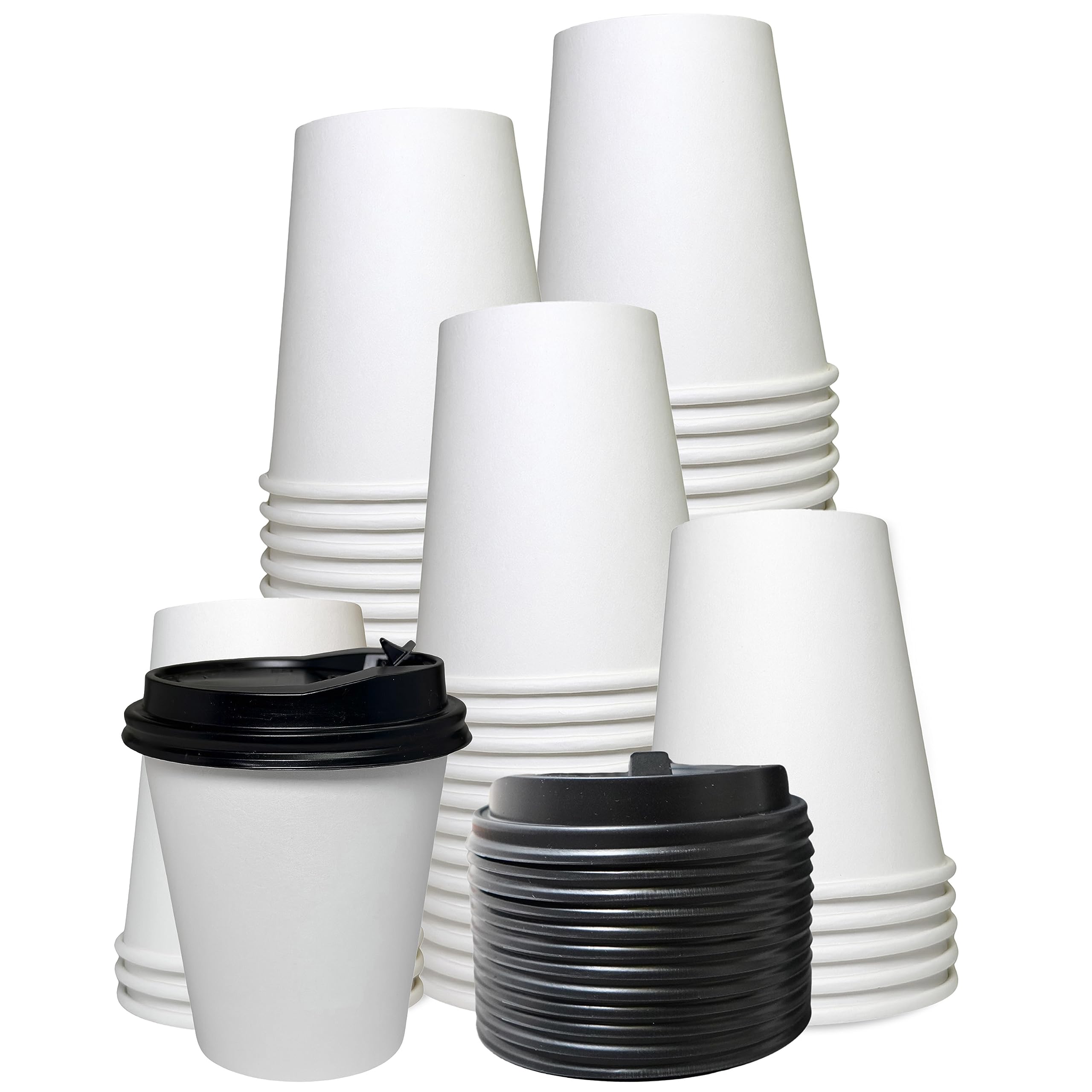 2 Pack of 125 Count 10 oz White Disposable Hot Drink Paper Cups with Black Dome Lids - Eco Friendly Recyclable & Compostable Coffee Cups for Office, Breakrooms, Restaurants, Coffee Shops, Tea Shops - Perfect for Latte, Chai, Hot Chocolate & Takeaway Beverages