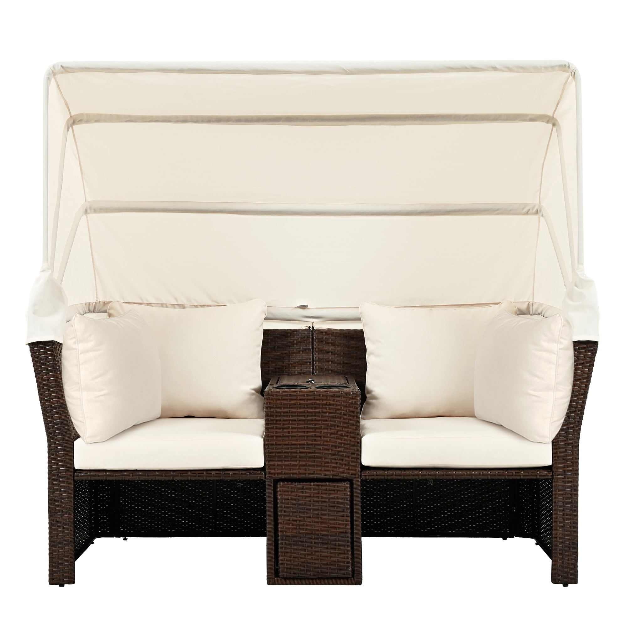2 Seater Outdoor Patio Daybed with Foldable Awning & Cushions - Double Loveseat Sofa Set for Garden, Balcony, Poolside - Perfect for Relaxing, Sunbathing & Outdoor Lounging (Beige)