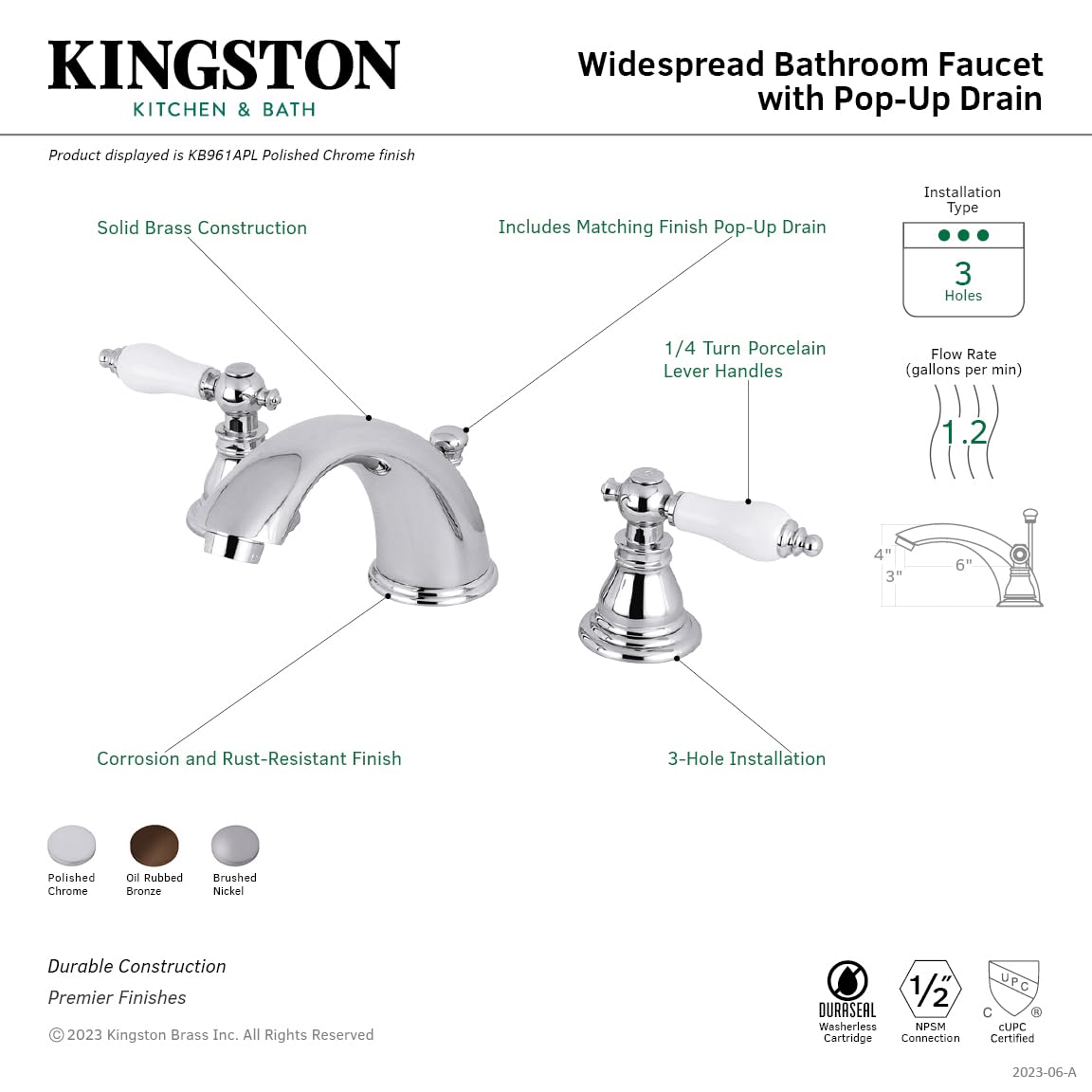 Kingston Brass KB965APL American Patriot Widespread Bathroom Faucet - 5.75