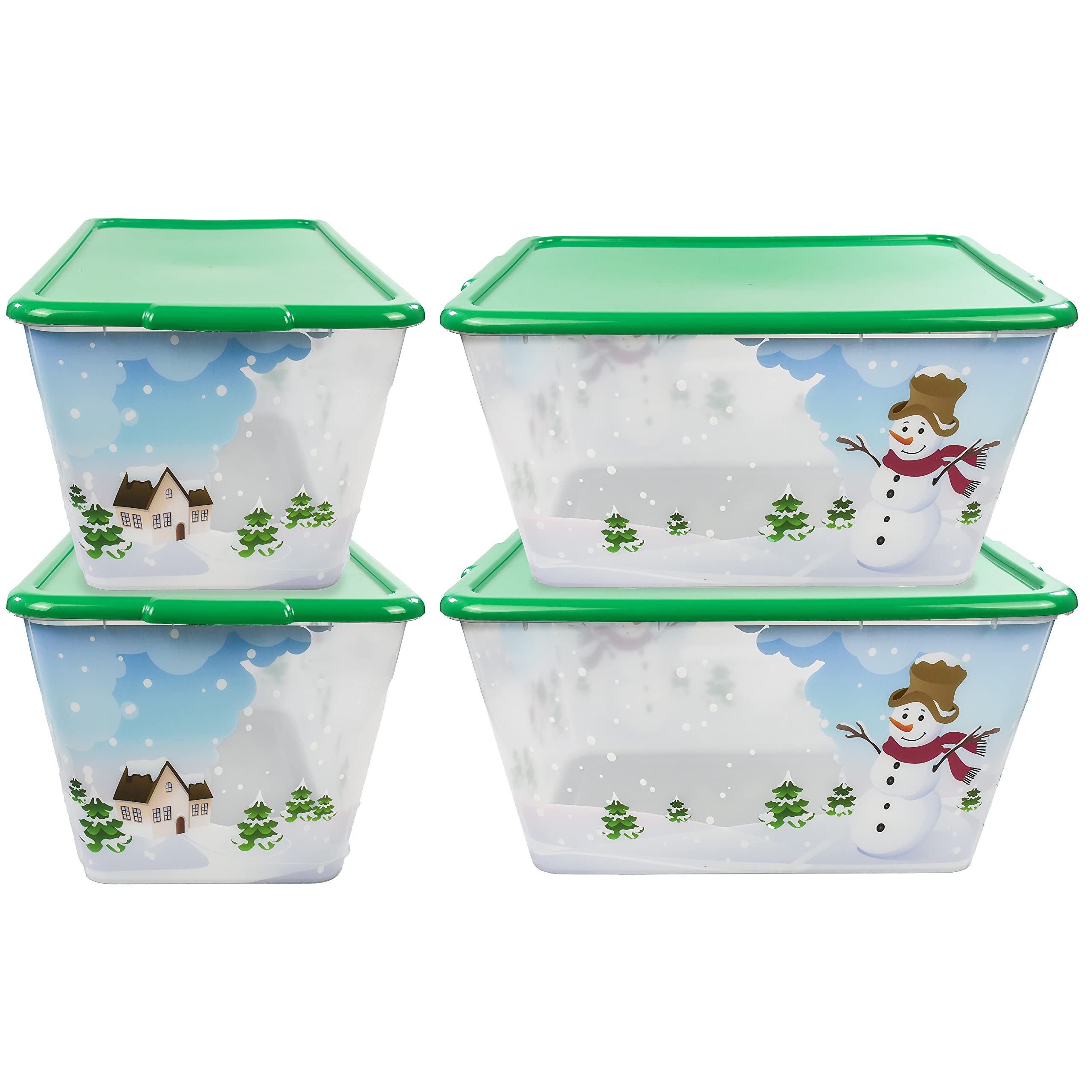 SimplyKleen 14.5-Gallon Holiday Reusable Stacking Plastic Storage Containers with Lids - Snowman Winter Design (Pack of 4) - Made in USA - Perfect for Christmas Decorations, Winter Gear Organization & Seasonal Storage