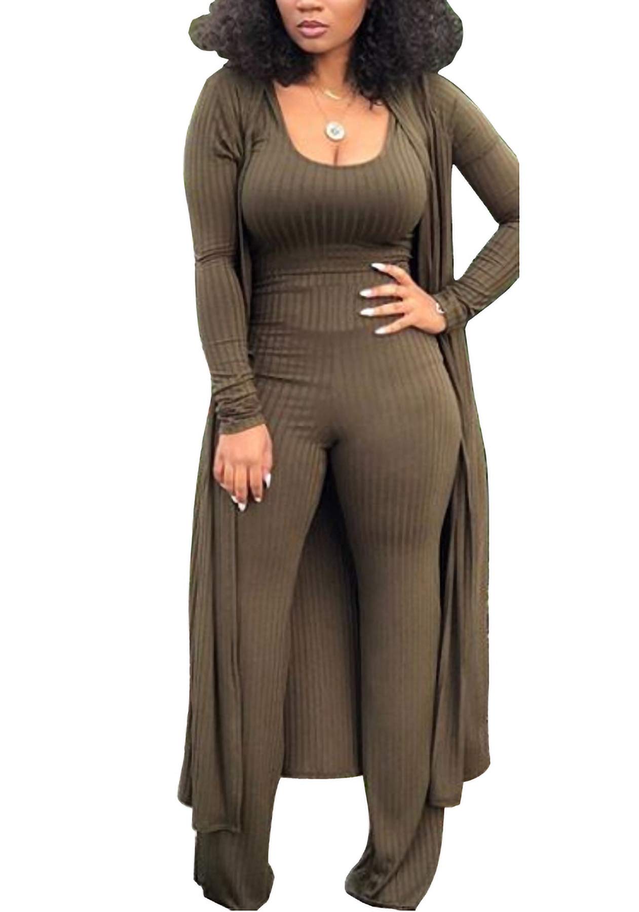 3 Piece Lounge Sets for Women - Stretchy Long Sleeve Open Front Cardigan & Striped Crop Tank Top - Comfy Casual Outfits for Home, Yoga, and Night Out