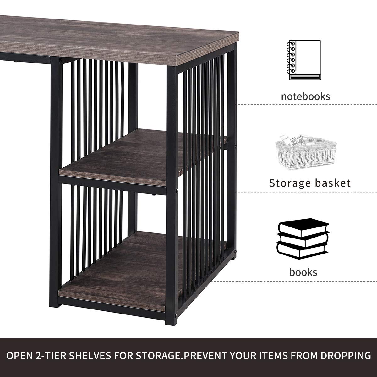 55 Inch Home Office Computer Desk with 2 Storage Shelves - Adjustable Left/Right Side - Sturdy Metal Frame - Easy Assembly for Small Spaces, Work from Home & Study Rooms
