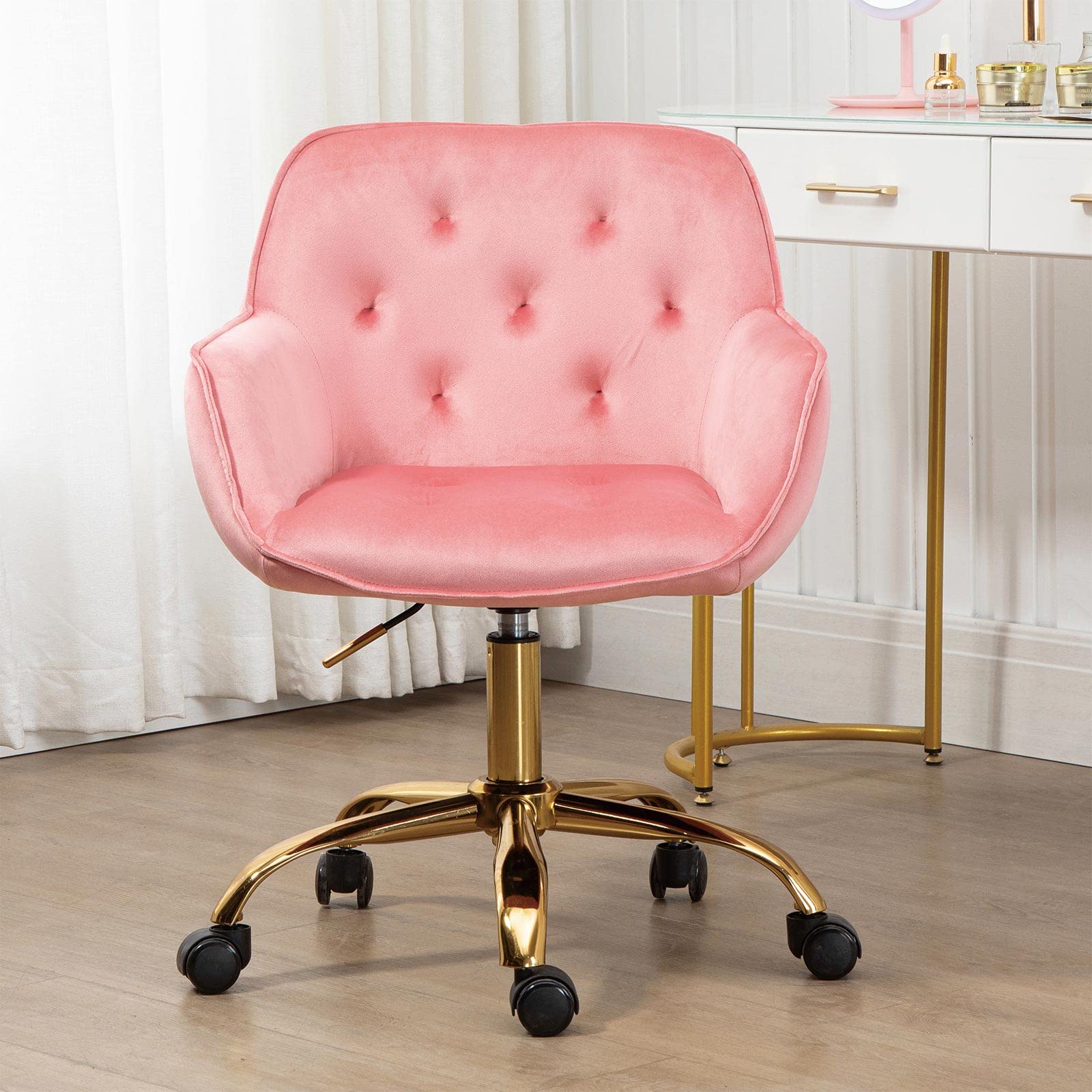 Elegant Velvet Swivel Office Chair for Women - Adjustable Armchair with Casters, Modern Home Desk Chair for Bedroom, Vanity & Workspace - Soft Peach Accent (Perfect for Home Office, Study & Makeup Room)