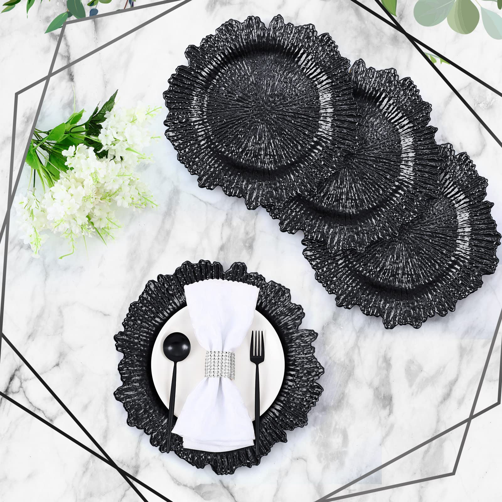 50 Pcs 13 Inch Black Plastic Wedding Charger Plates with Floral Reef Design - Decorative Round Ruffled Rim Dinner Plates for Wedding, Party, Event Table Setting - Elegant Tableware for Bridal Showers, Banquets & Formal Dining Decorations