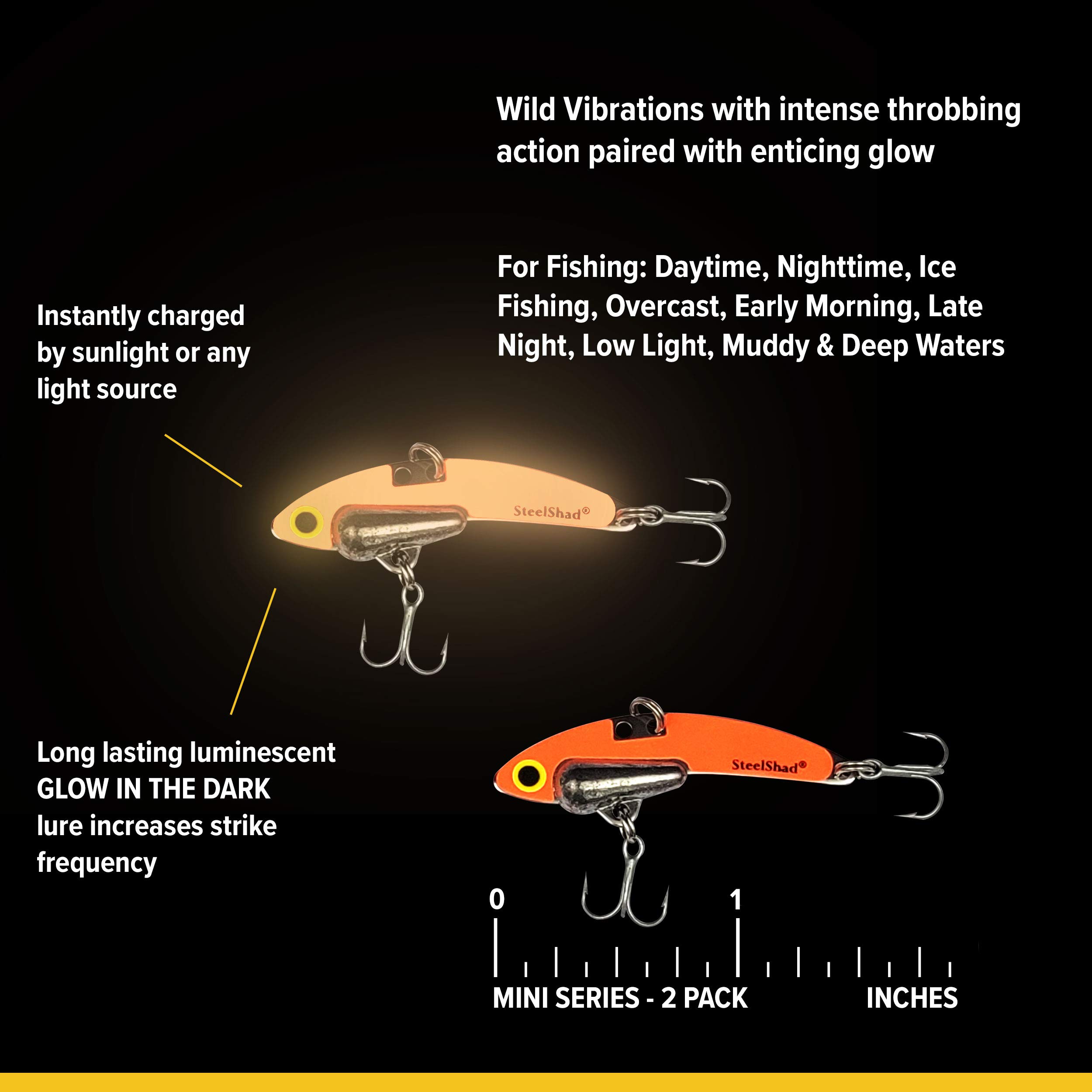 SteelShad Mini Series (1/4 oz) - 2 Pack Glow in The Dark Fishing Lures - Lipless Crankbait for Freshwater & Ice Fishing - Ideal for Panfish, Crappie, Walleye, Bass - Great for Night Fishing and Low Light Conditions