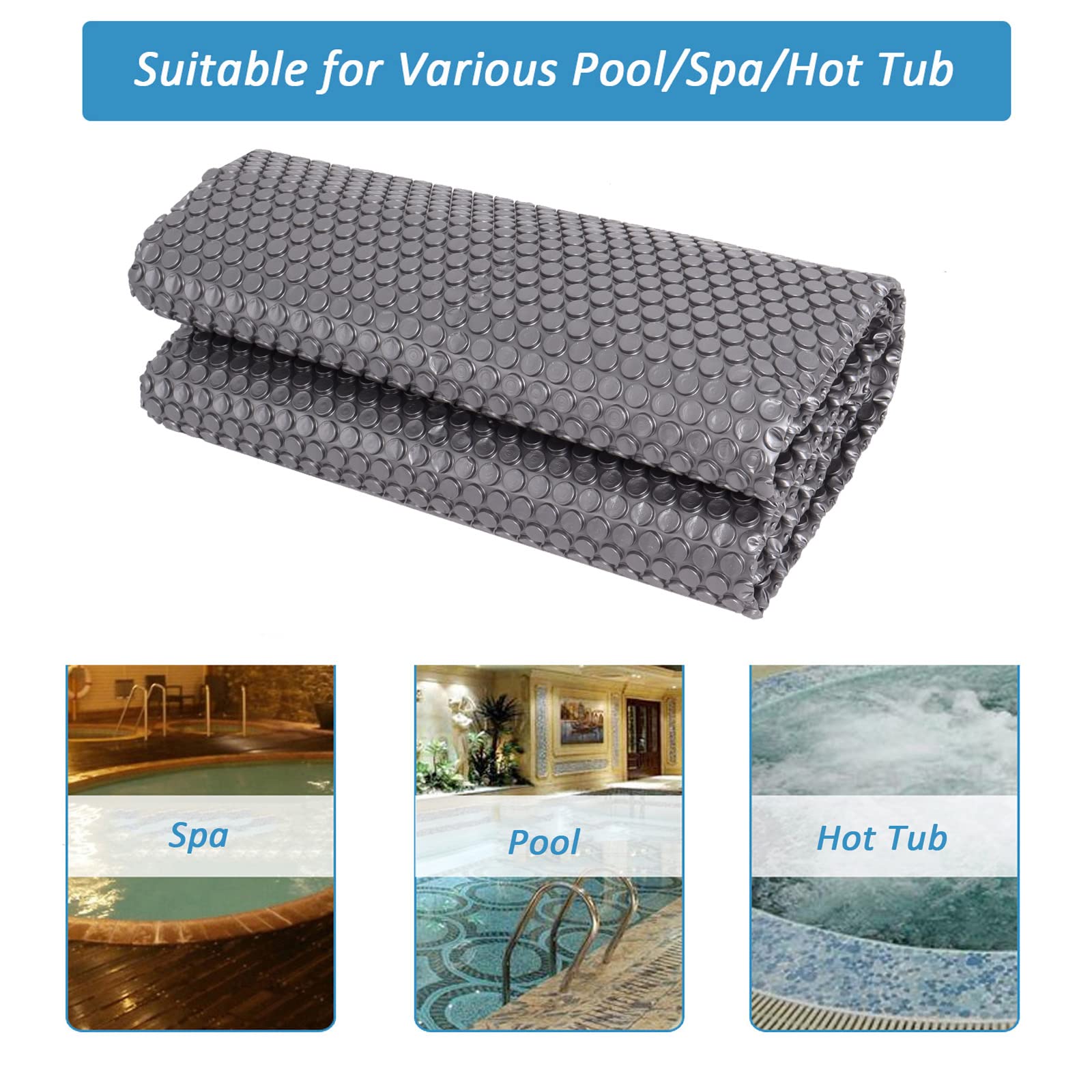 Premium 8x8 FT Hot Tub Bubble Blanket - 16-Mil Thick Solar Pool Cover | Heavy Duty Thermal Insulation Floating Blanket for Spas & Jacuzzis | Energy Efficient Heat Retention | Perfect for Outdoor Hot Tubs & Backyard Relaxation (Gray)