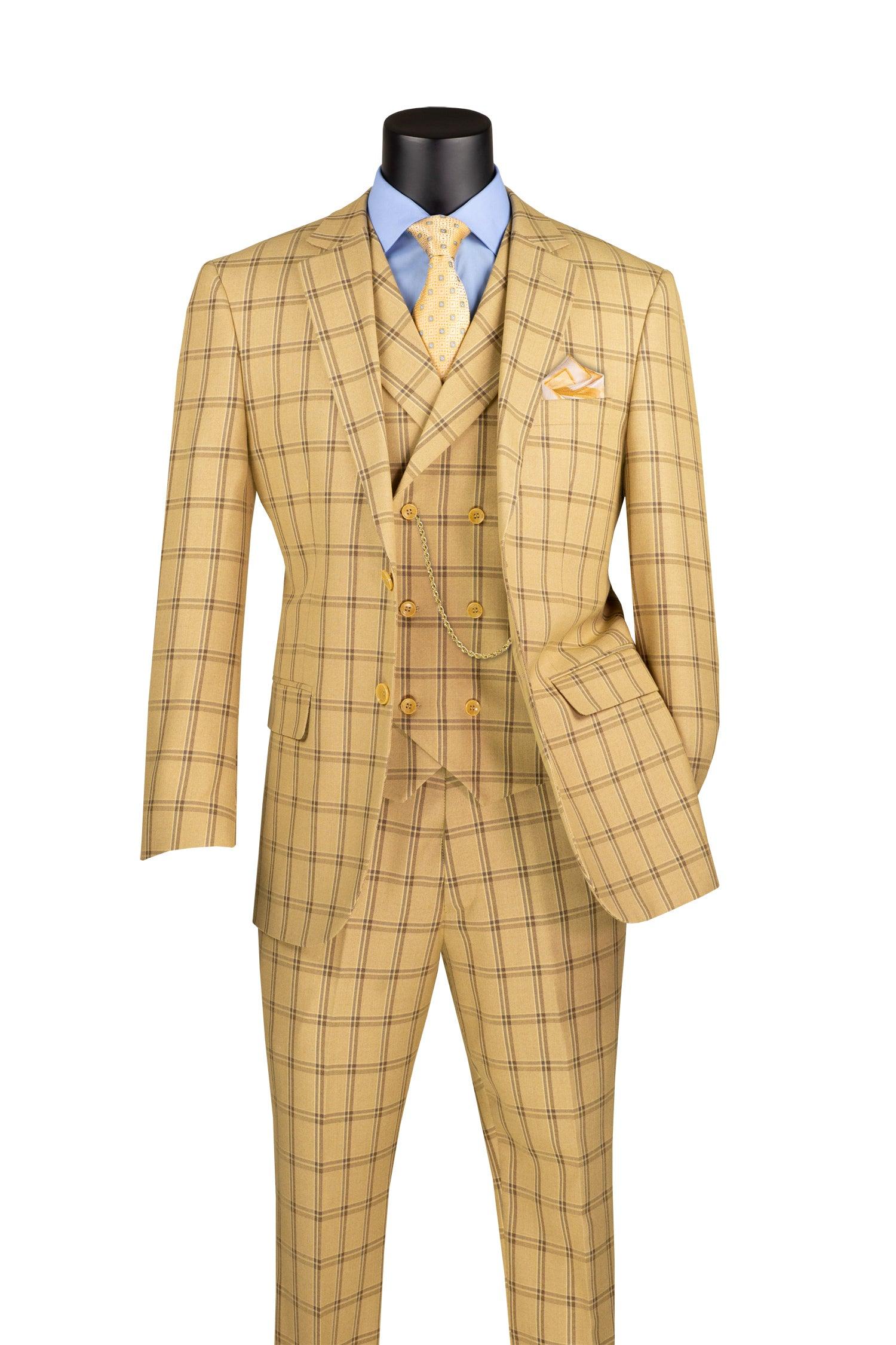 La Scale Collection Men's Windowpane Three-Piece Suit in Tan | Classic Business Formal Attire for Weddings, Office & Special Occasions