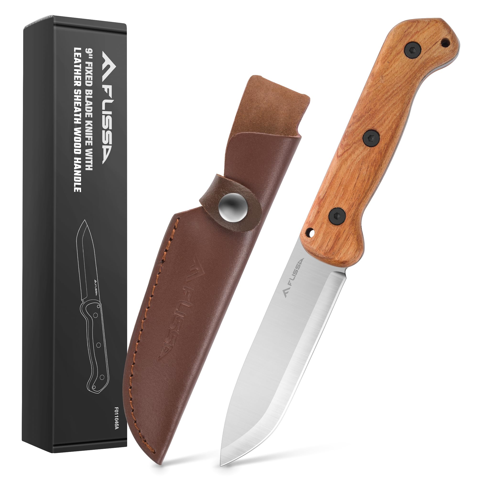 FLISSA 9 Inch Fixed Blade Hunting Knife - Premium D2 Steel Survival Knife for Camping, Bushcraft & Outdoor Adventures - Ergonomic Wood Handle with Leather Sheath - Perfect Gift for Men (Husband, Father, Friend) - Ideal for Skinning Game, Cutting Rope & Wilderness Survival