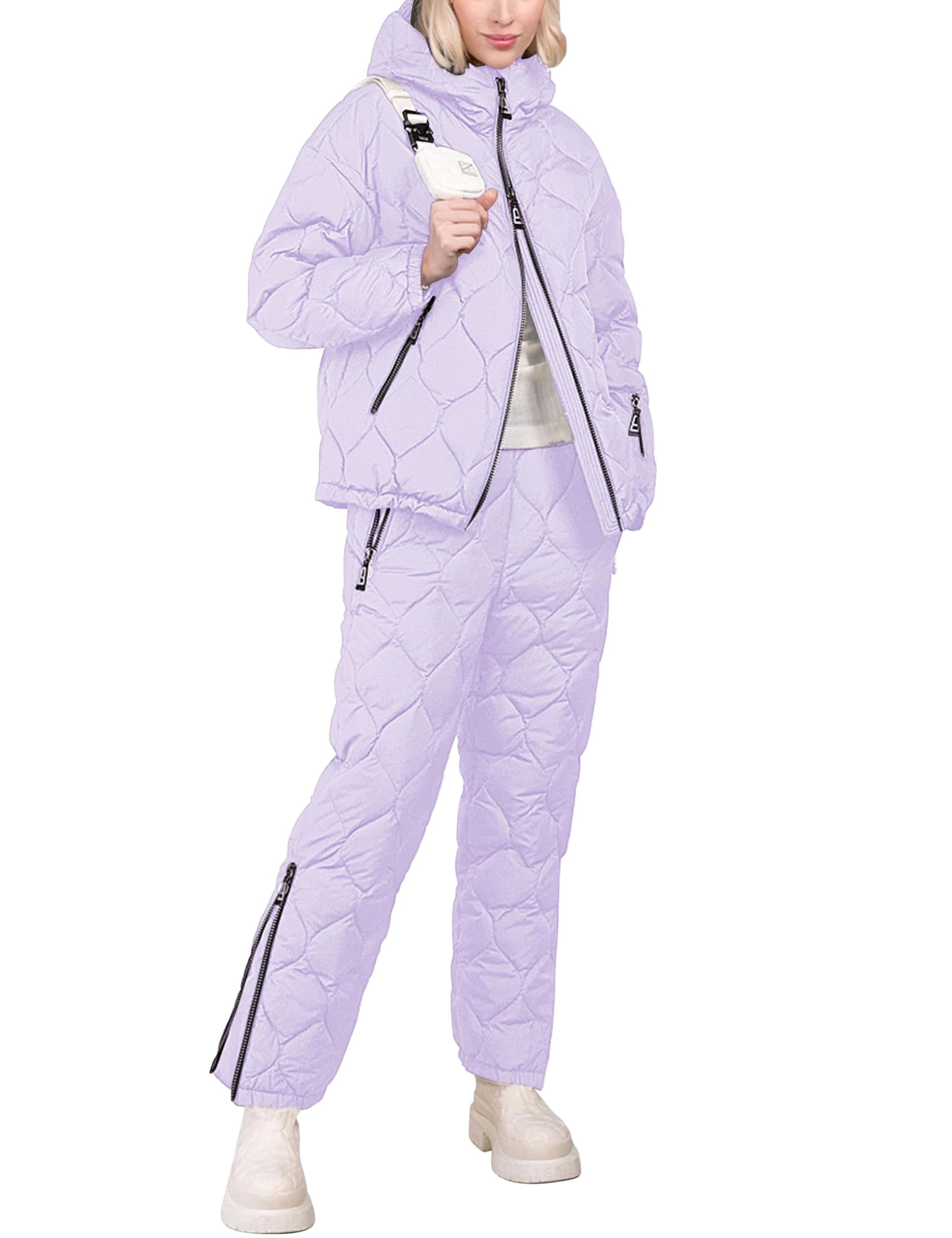 Women's 2-Piece Snow Suit Set - Quilted Waterproof Ski Jacket & Padded Jogger Pants with Hood for Winter Sports | Warm Puffer Coat Outfit for Skiing, Snowboarding & Cold Weather Activities