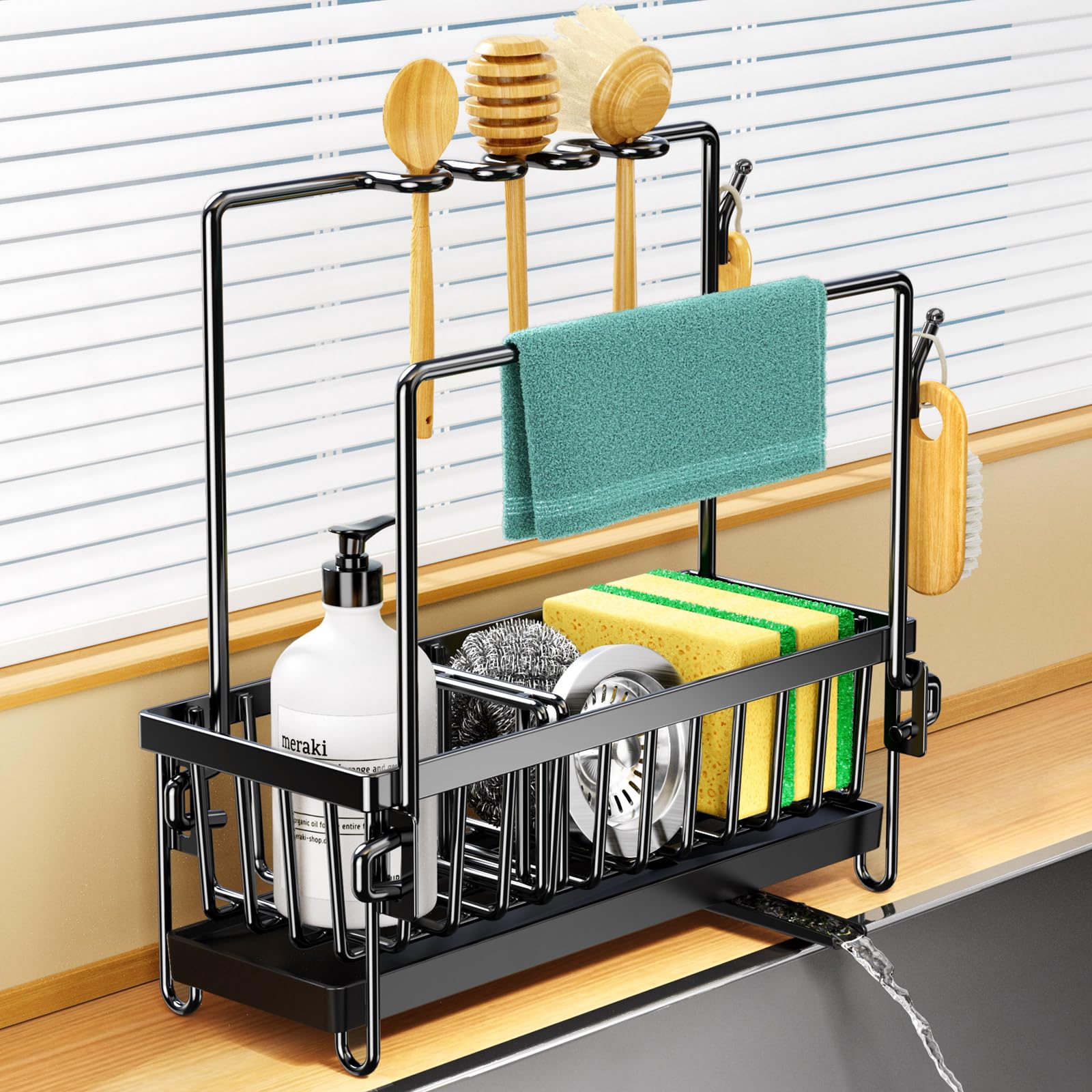 Stainless Steel Kitchen Sink Organizer with Removable Drain Tray & Sponge Holder - Adjustable Partitions, Dishcloth Hanger & Brush Drainer - Perfect for Small Kitchen Organization & Sink Storage (Black) - Ideal for Apartment, RV, and Compact Kitchen Spaces