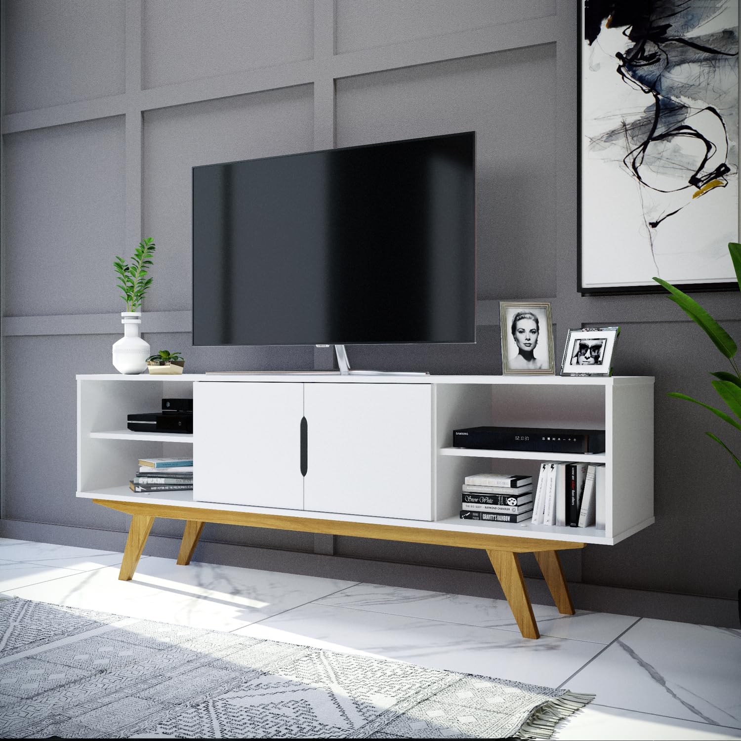 Boahaus Omaha TV Stand for 58 Inch TVs - Modern Entertainment Center with Durable Wood Construction & White Finish - Perfect for Living Room, Bedroom, or Home Theater Setup