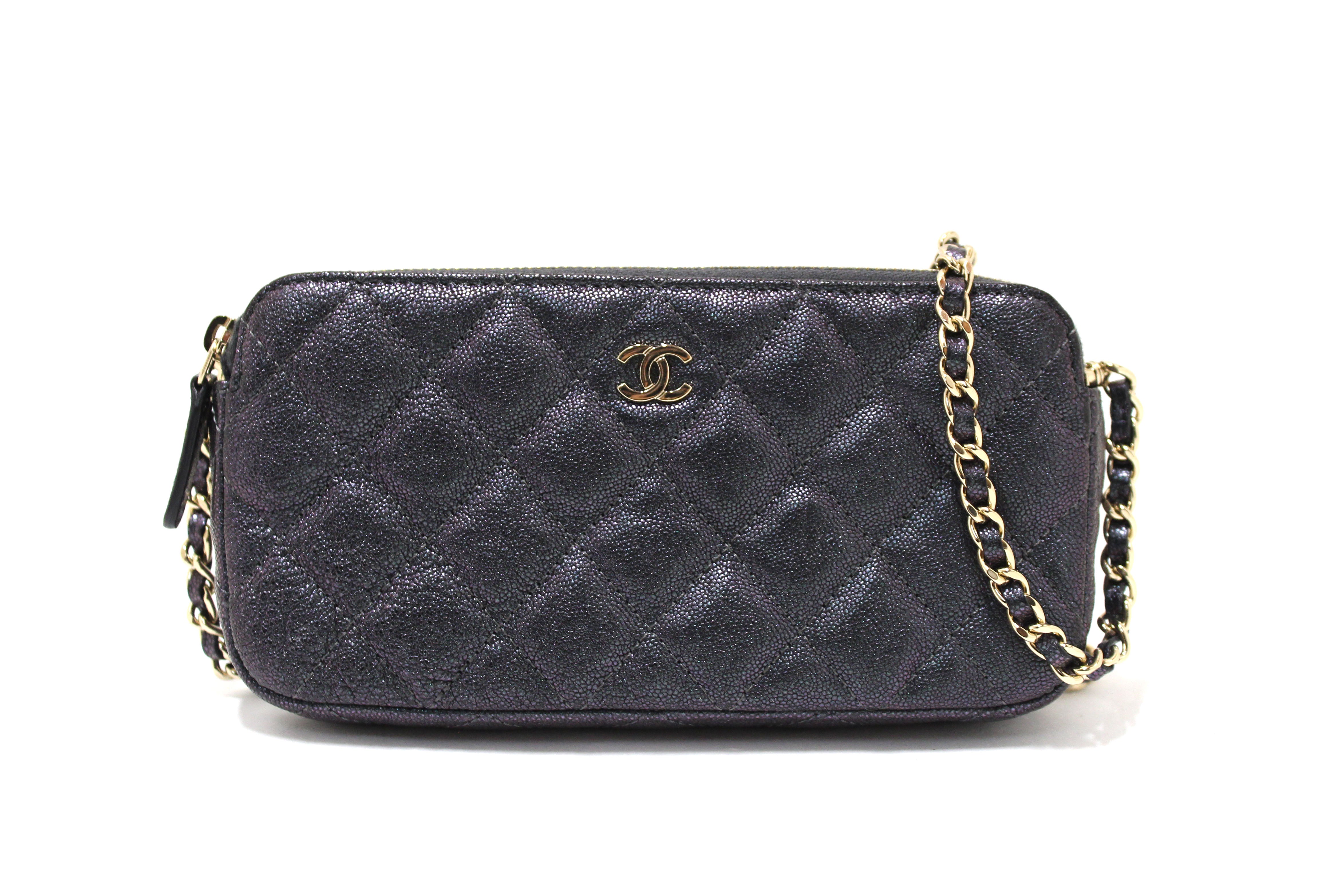 Chanel Quilted Black Iridescent Caviar Leather Double Zip Wallet On Chain - Luxury Designer Crossbody Bag for Women, Perfect for Evening Events & Everyday Use