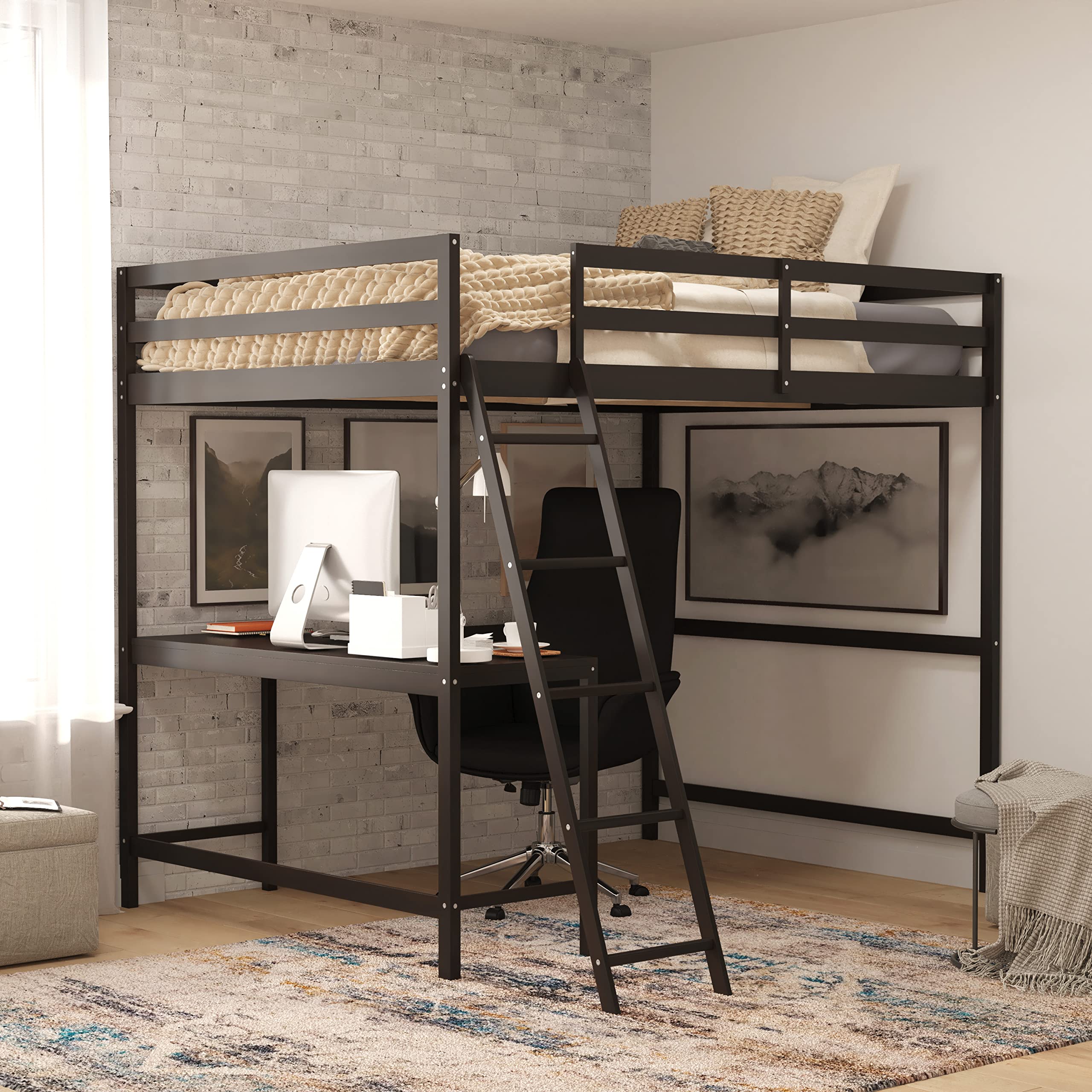 Full Size Loft Bed Frame with Built-in Desk & Ladder - Espresso Wood Slats with Protective Guard Rails - Space Saving Kids & Teens Bed - Perfect for Small Bedrooms, Dorms, and Studio Apartments