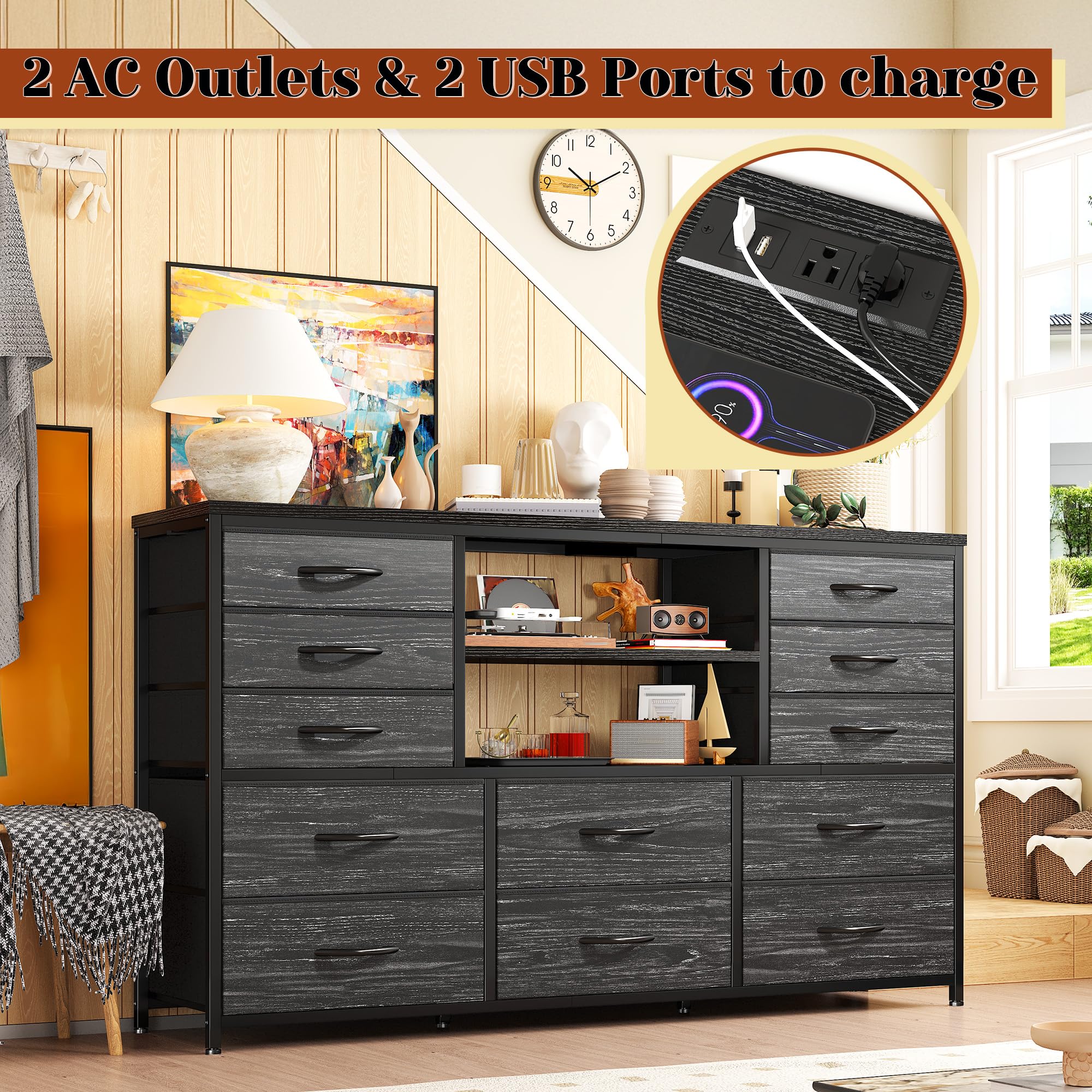 EnHomee 12-Drawer Black Dresser with LED Lights & Power Outlets - Sturdy Metal Frame TV Stand for 60'' TV, Fabric Dresser for Bedroom, Living Room, Hallway & Closet - Perfect for Home Organization & Entertainment Setup