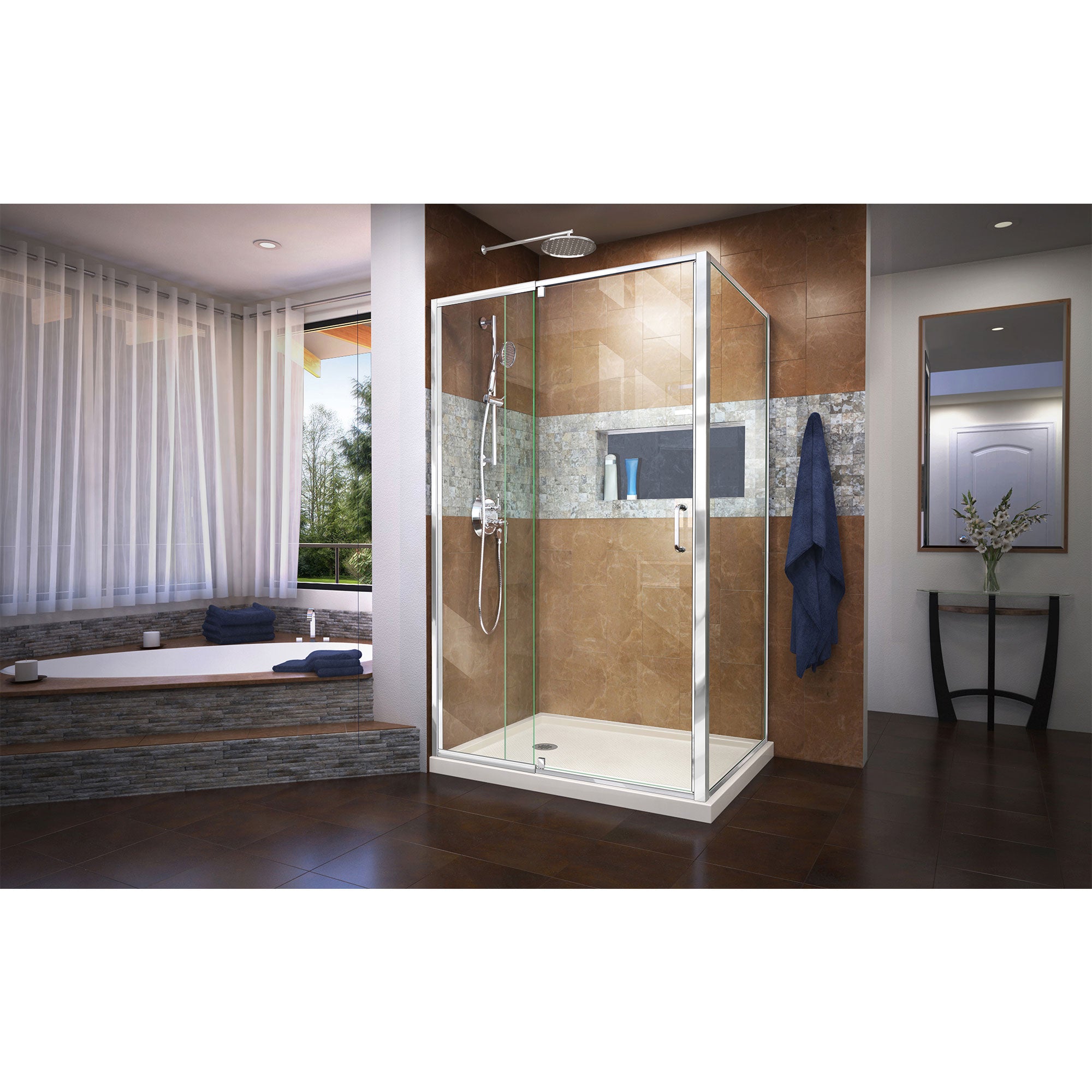 DreamLine Flex 36x48x74.75 Inch Semi-Frameless Pivot Shower Enclosure Kit with SlimLine Base - Modern Bathroom Upgrade for Small Spaces, Easy Installation for Home Renovation