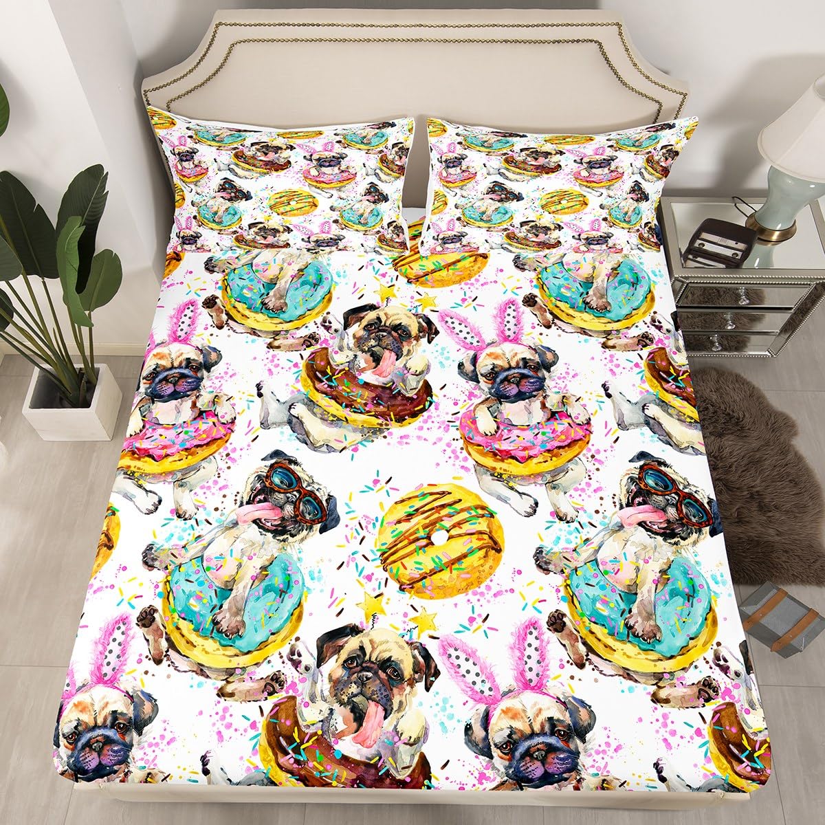 **Erosebridal Dog Bedding Set - Deep Pocket Dessert Donuts Fitted Sheet for Kids, Boys & Girls - Cute Puppy Twin XL Sheet Set with Pug Animal Confetti (2-Piece Set, 1 Pillowcase, No Flat Sheet) - Perfect for Kids' Rooms, Themed Bedrooms & Pet Lovers**