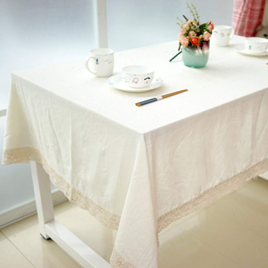 Elegant White Linen Tablecloth with Delicate Lace Trim - Premium Knitted Rectangular Table Cover for Dining Room, Wedding Banquet & Special Occasions | Perfect for Formal Dinners, Holiday Decor & Restaurant Table Settings