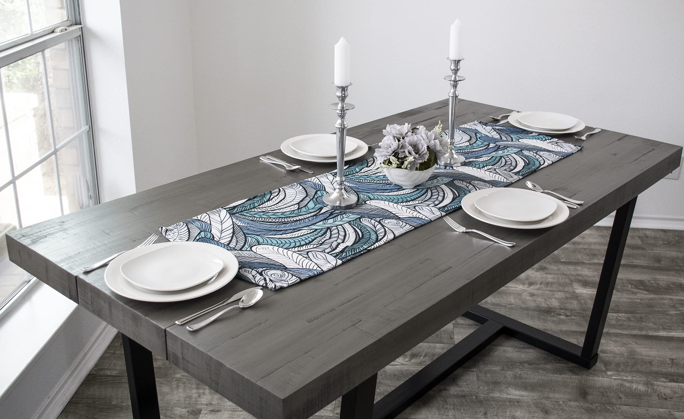 Elegant Chenille Gray and Teal Blue Feather Table Runner - 16.5x53.5 Inch Dresser Scarf, Coffee Table Decor for Dining Room, Bedroom & Holiday Parties