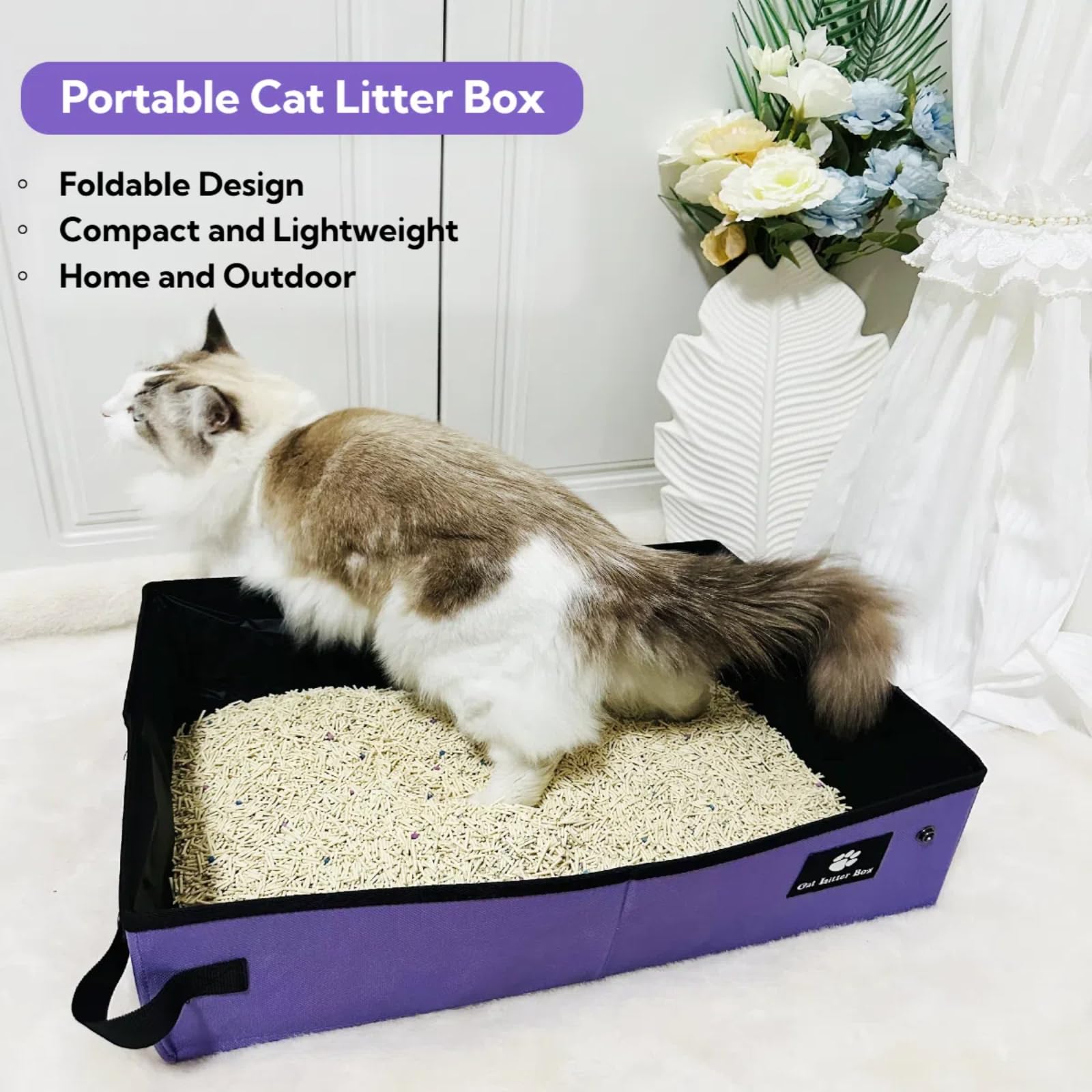 Foldable Waterproof Travel Cat Litter Box - Portable & Leak-Proof Small Litter Pan for Camping, Hotels, Road Trips & Vet Visits | Compact Design for Easy Packing | Ideal for Indoor & Outdoor Use (Purple)