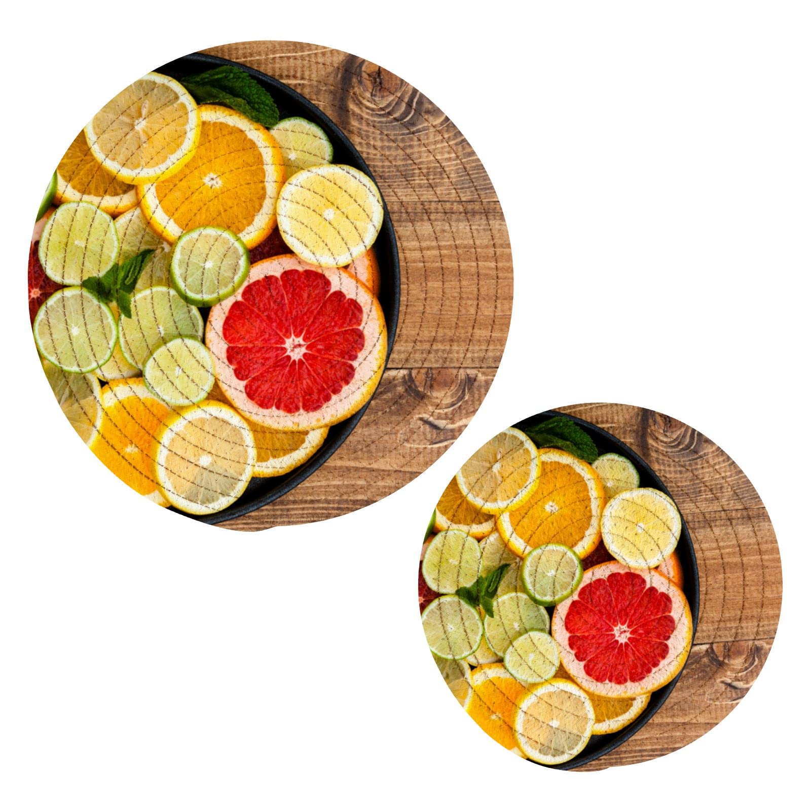 Natural Wood Summer Pot Holders Set of 2 - Round Cotton Woven Potholders for Kitchen, Hot Pads & Table Mats - Citrus Fruit Orange Grapefruit Lime Lemon Design - Perfect for Hot Dishes, Baking & Outdoor BBQ