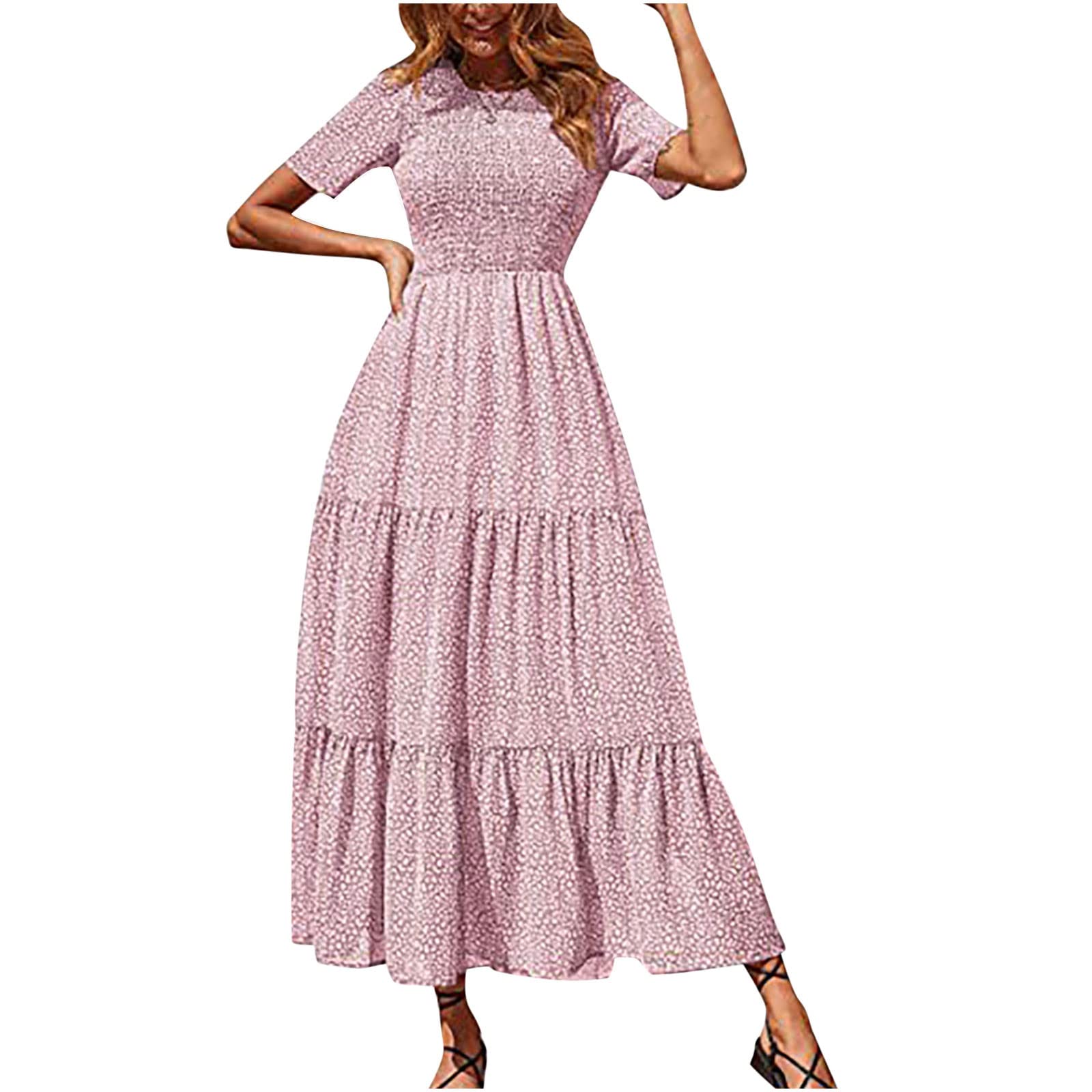 Women's Floral Print Maxi Dress - Short Sleeve Crewneck Bohemian Summer Dress with Empire Waist & Flowy Swing - Perfect for Beach Vacations, Music Festivals & Casual Outings