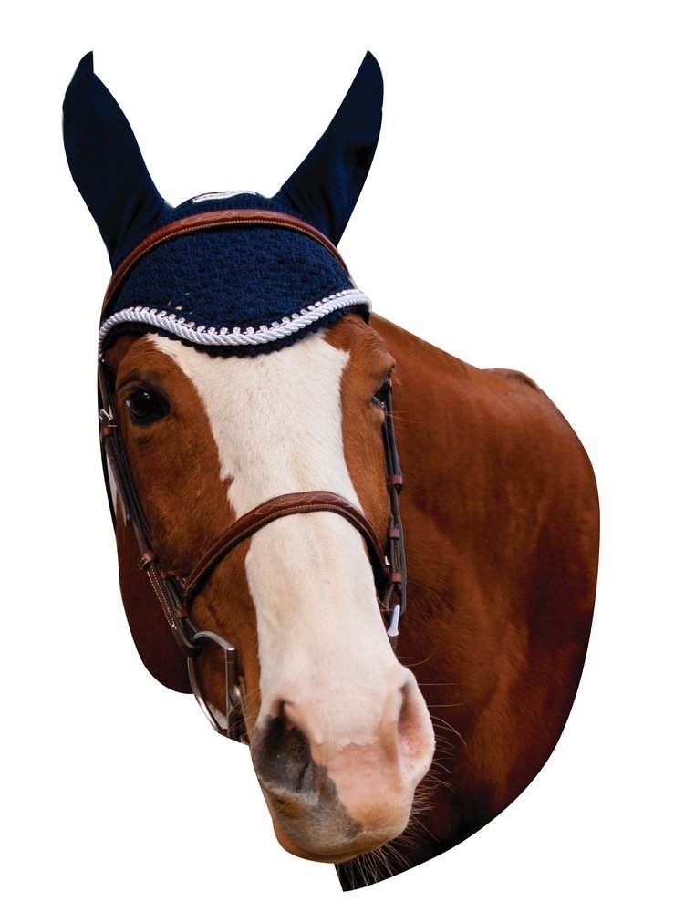 Equine Couture Fly Bonnet with Silver Rope & Crystals - EC Navy - Cob Size for Horse Riding