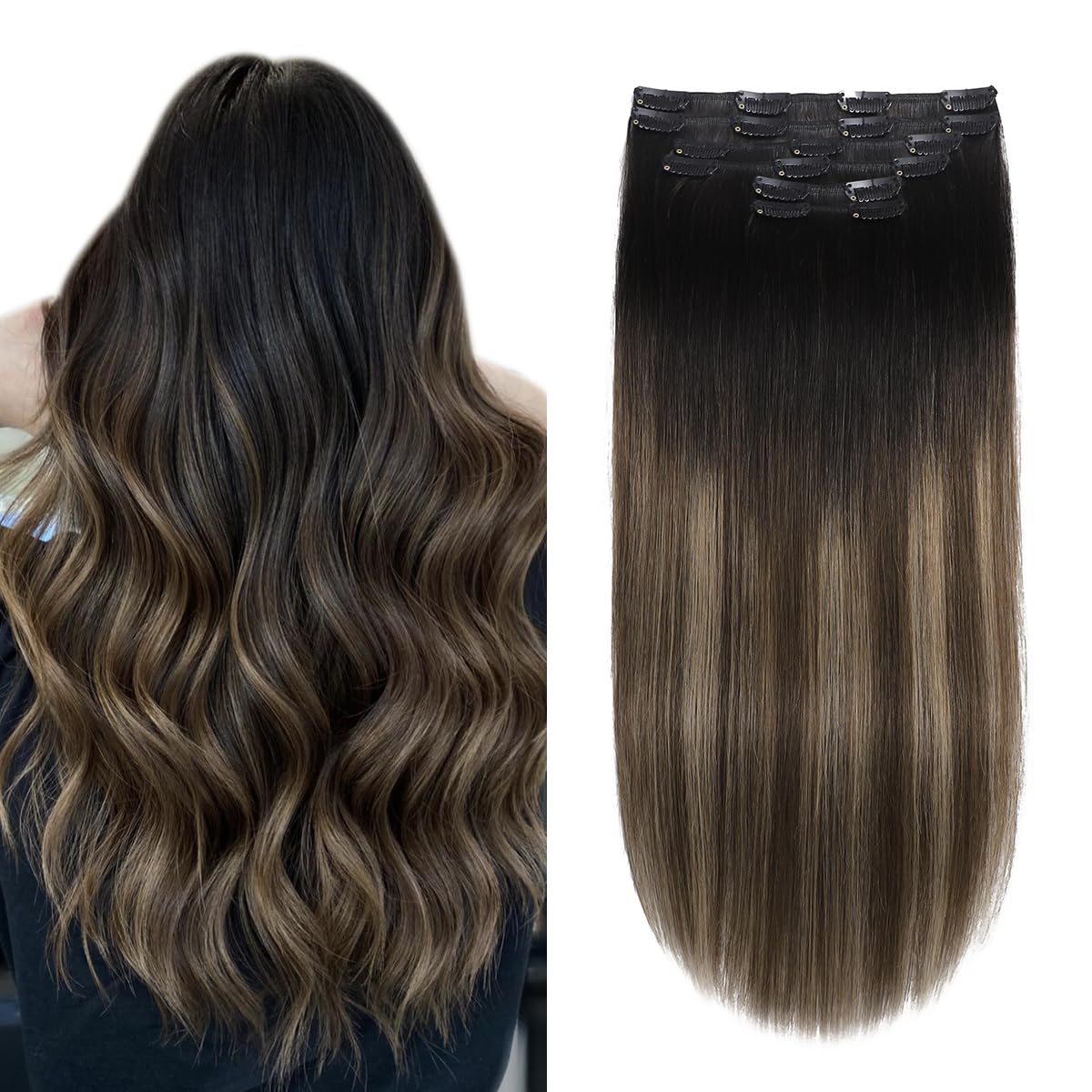 XD Clip in Hair Extensions 20inch - 120g Balayage Ombre Chocolate Brown to Caramel Blonde Human Hair Extensions (6pcs) | Remy Hair, Straight & Natural Black/4/27 | Perfect for Daily Wear, Parties & Special Occasions