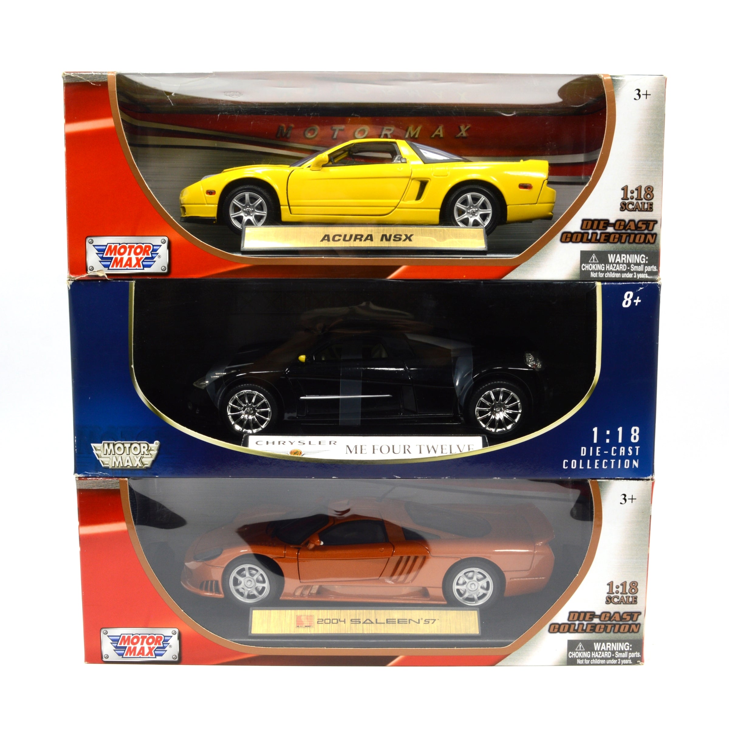 3-Pack MOTOR MAX 1:18 Scale Diecast Car Models - ACURA NSX, Me Four Twelve & SALEEN S7 - Collectible Toy Cars for Display, Gifts & Racing Enthusiasts