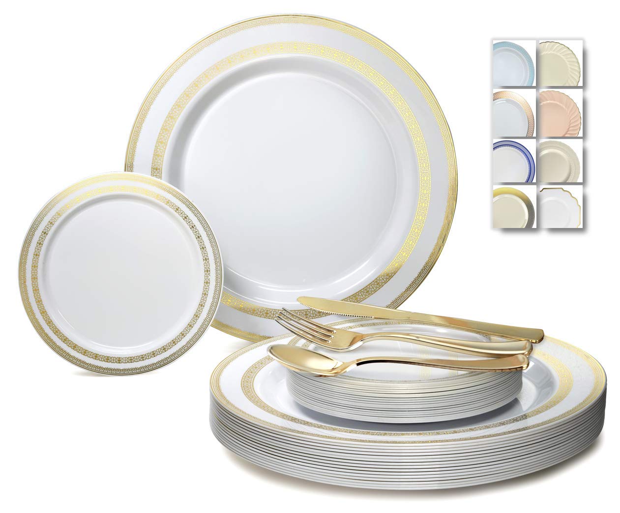 600 Pcs Wedding Disposable Plastic Plate & Silverware Combo Set - Lace White & Gold Plates with Gold Silverware (120 Guest Service) for Wedding Receptions, Bridal Showers & Party Events