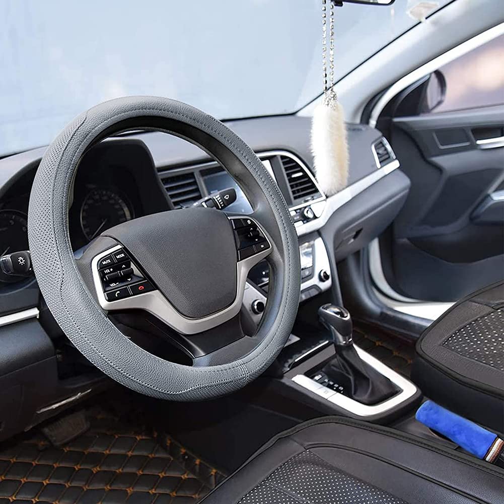 Premium Fiber Leather Car Steering Wheel Cover - Universal 15 Inch, Breathable & Anti-Slip Grip - Perfect for Daily Commuting, Road Trips and Enhanced Driving Comfort