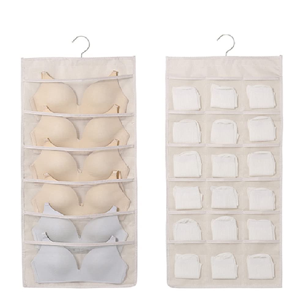 Hanging Closet Organizer with 24 Pockets - Space Saving Storage for Clothes, Jewelry, Socks & Underwear | Perfect for Bedroom, Pantry & Travel Organization (Beige)