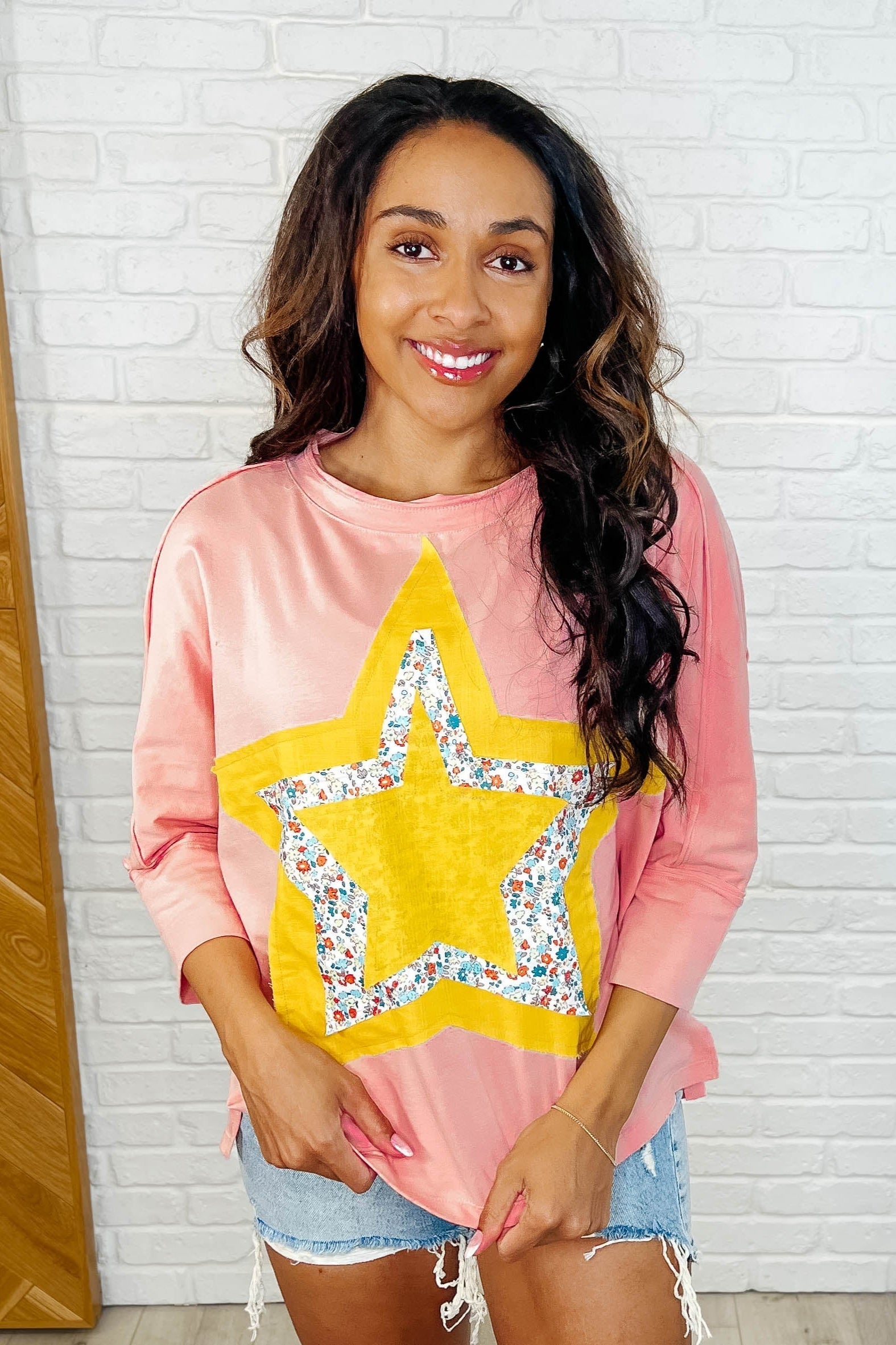Catch a Star Mixed Print Star Patch Top - Stylish Women's Graphic Tee for Casual Wear, Street Fashion & Everyday Outfits