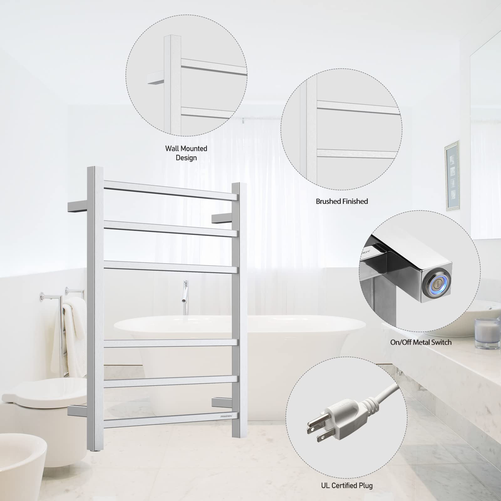 Premium Brushed Nickel Electric Towel Warmer - Wall Mounted Bathroom Heated Towel Rack, 6-Bar Stainless Steel Design (68W, 26.77x20.47x4.13 in) - Perfect for Spa-Like Bathroom Luxury & Quick Drying of Towels, Robes & Delicates