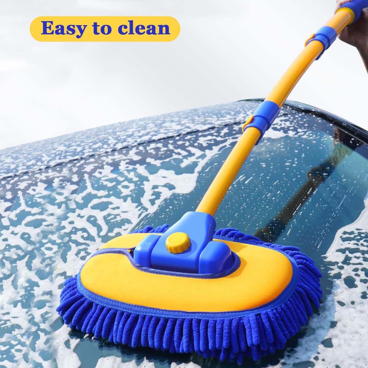 Premium Car Wash Brush Kit with Long Handle & Microfiber Towels - 2 Replacement Heads, Extension Pole - Car Cleaning Supplies for Cars, Trucks, SUVs & RVs (Blue) - Perfect for Driveway Washing, Auto Detailing & Vehicle Maintenance