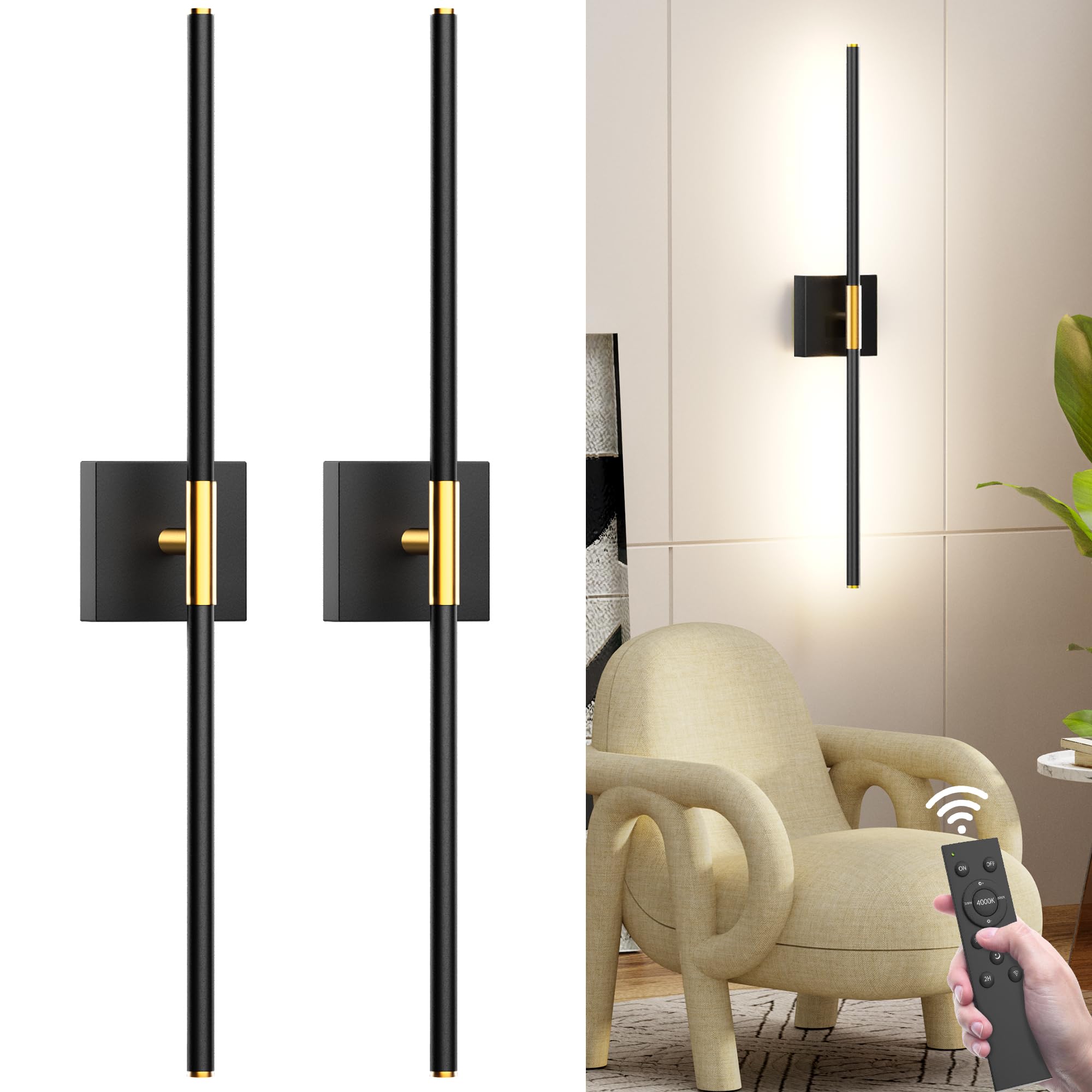 31.5 Inch USB Rechargeable Wall Sconce Set of 2 - 8000mAh Battery Operated LED Wall Lights with Remote Control, 360° Rotatable & Dimmable (3000K-6000K) - Perfect for Living Room, Bedroom, Hallway Lighting (2 Pack)