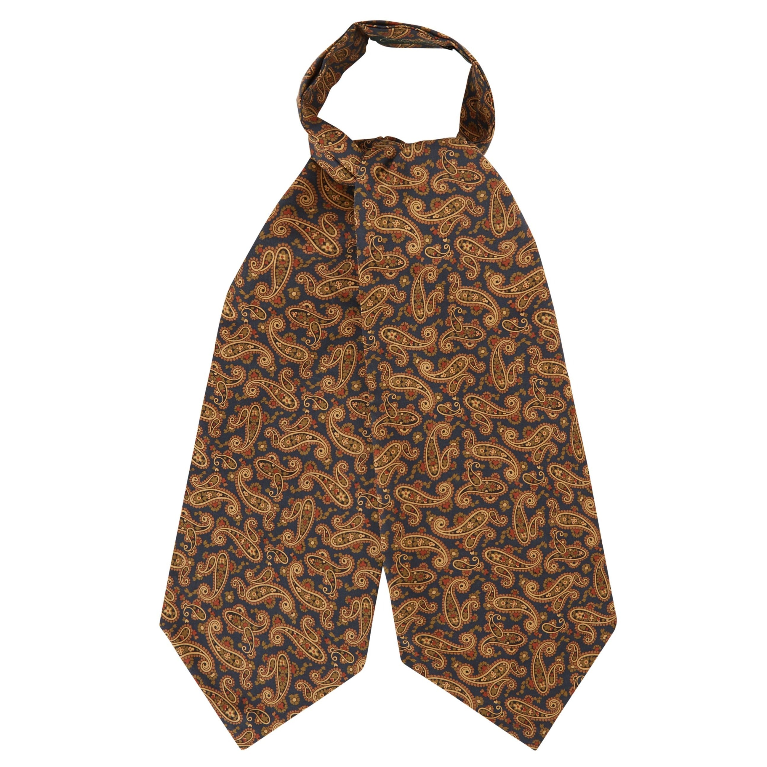 Vintage Navy and Brown Paisley Printed Silk Cravat Tie for Men - Perfect for Weddings, Formal Events & Historical Reenactments
