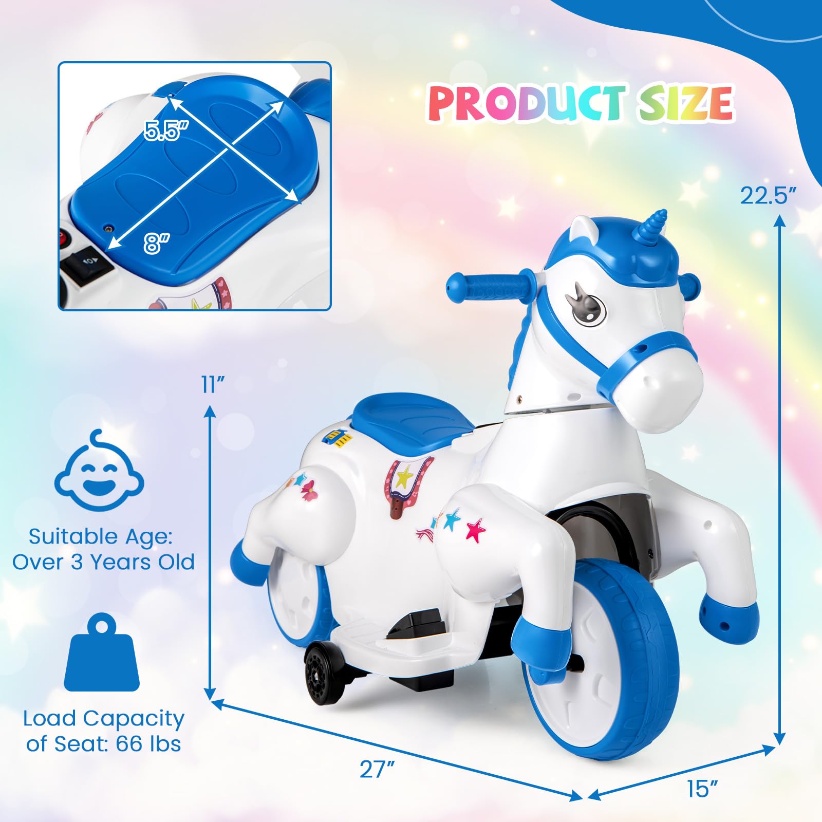 HONEY JOY 12V Unicorn Ride-On Toy for Kids - 3-Wheel Battery Powered Electric Pony Car with Training Wheels, Music & Up/Down Motion - Perfect Birthday Gift for Boys & Girls (Blue) - Great for Indoor Play, Backyard Fun & Preschool Learning Activities