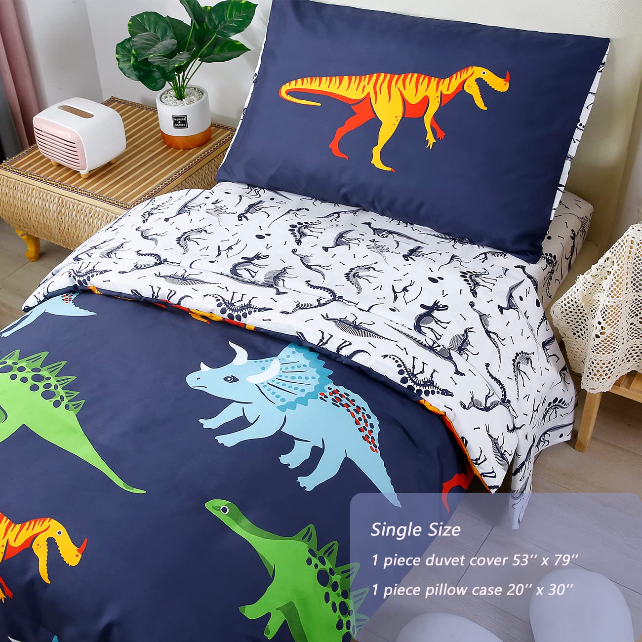 STYHO Cartoon Dinosaur Print Duvet Cover Set - Dark Blue Reversible Animal Pattern Quilt Bedding for Boys & Kids - Single Size Bedroom Decor - Perfect for Kids' Rooms, Nursery, and Themed Bedrooms