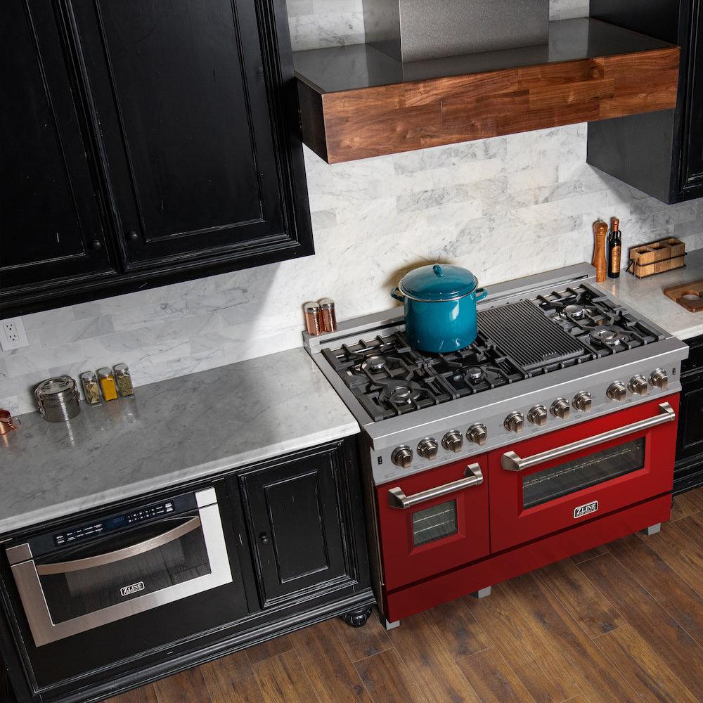 ZLINE 48-Inch 6.0 cu. ft. Dual Fuel Range with 7-Burner Gas Cooktop & 2 Electric Ovens - Satin Stainless Steel with Red Gloss Doors (RAS RG 48) | Professional Kitchen Appliance for Home Chefs & Cooking Enthusiasts