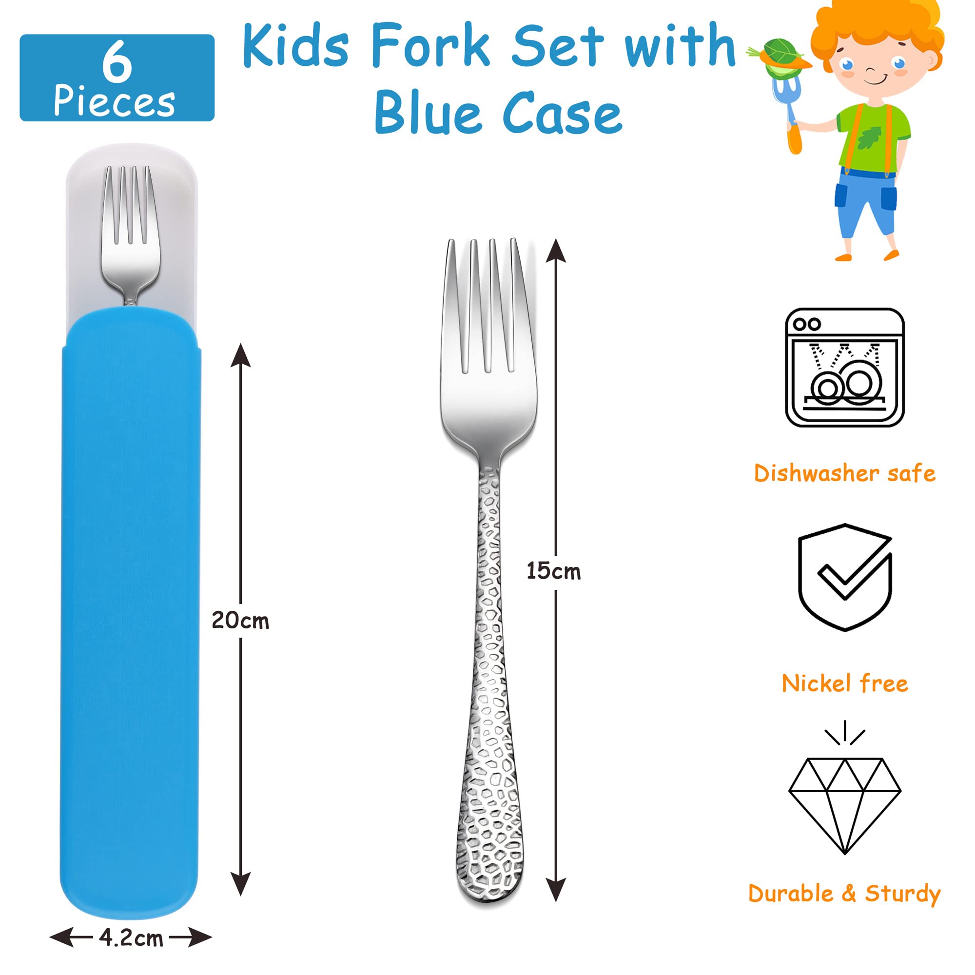 Joyfair 6-Piece Stainless Steel Kids Forks Set - Toddler Safe Utensils with Blue Storage Case | Durable, Rust-Free & Dishwasher Safe Cutlery for Self-Feeding | Perfect for Home, School Lunchboxes & Travel (Hammered Adult-Look Design)