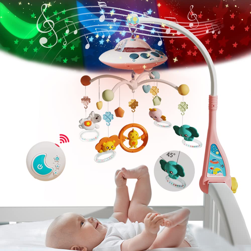 Baby Musical Crib Mobile with Night Light & Soothing Music - Rotating Animal Rattles, Star Projection, Remote Control - Newborn Nursery Toy for Boys & Girls (Pink) | Perfect for Bedtime, Nursery Decor & Infant Sensory Development