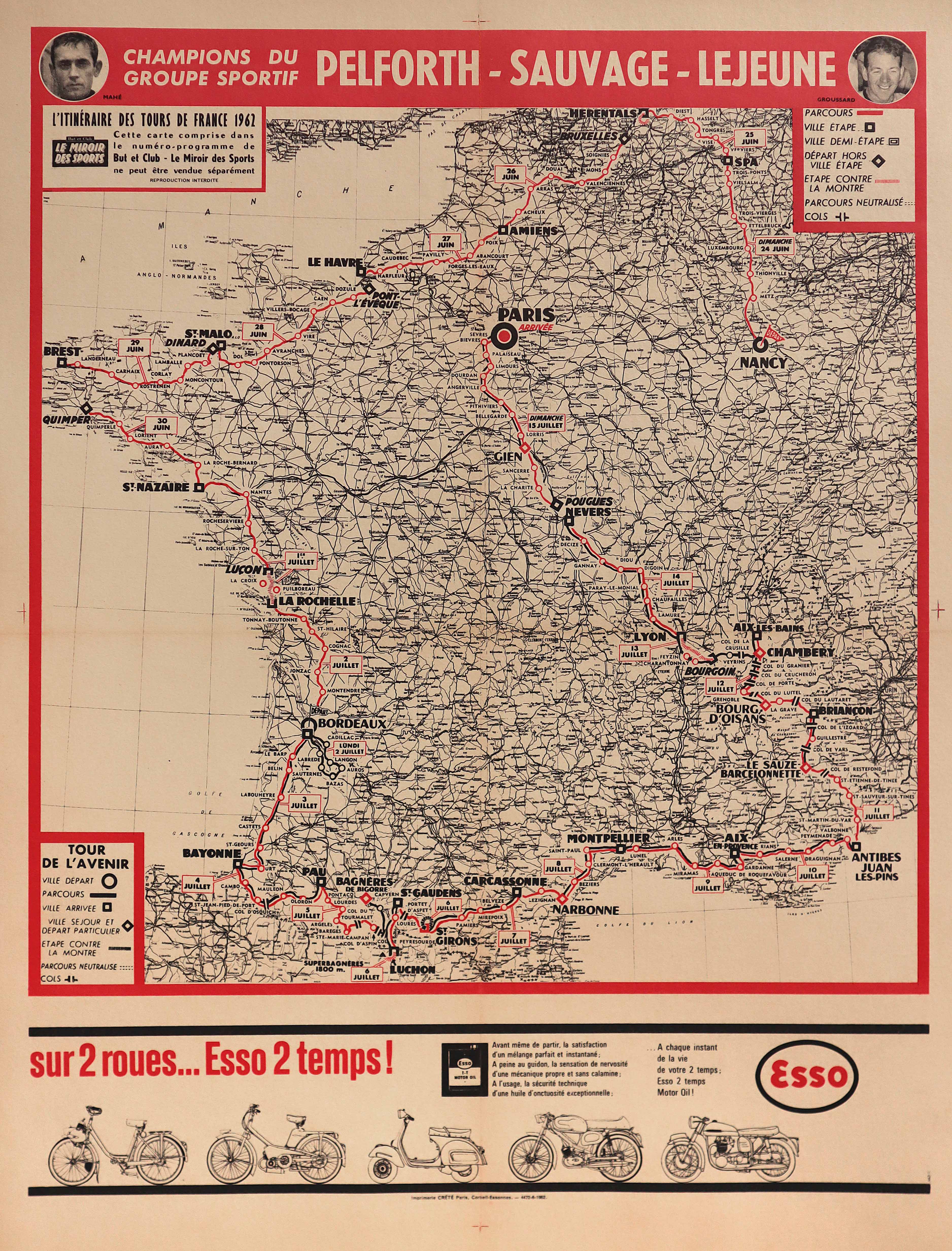 Vintage 1962 Tour de France Map - Unis Sport & Esso Official Route - Linen Backed for Durability - Perfect for Cycling Fans, Sports Memorabilia Collectors & Home Decor