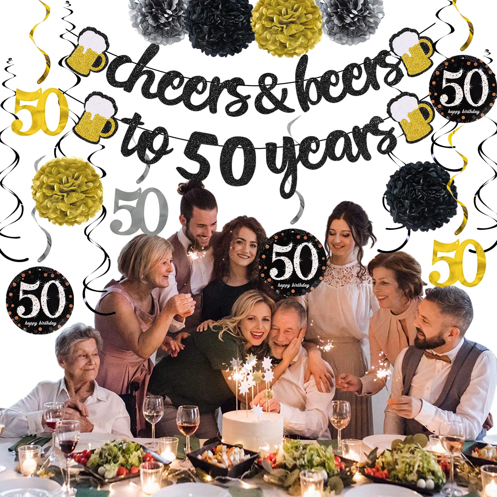 50th Birthday Party Decorations Kit for Men & Women - Cheers to 50 Years Banner, Pom Poms, Flowers & Sparkling Hanging Swirls - Perfect for 50th Birthday Celebrations, Wedding Parties & Anniversary Decor