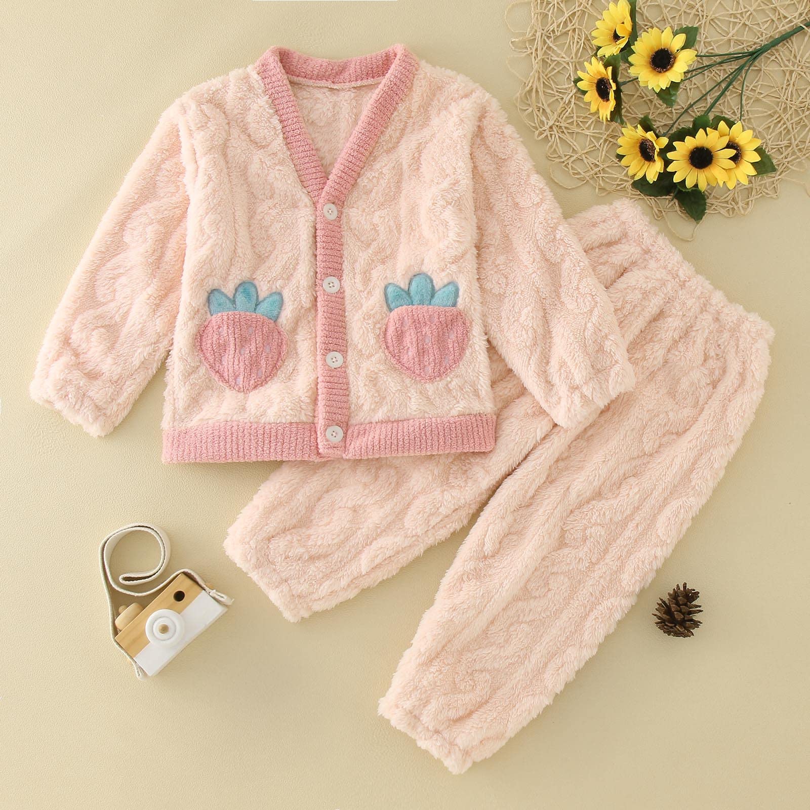 Girls' Strawberry Print 2-Piece Outfit Set - Long Sleeve Top & Pants (Pink, 6-12 Months) | Cute Baby Clothes for Playdates, Photo Shoots & Everyday Wear