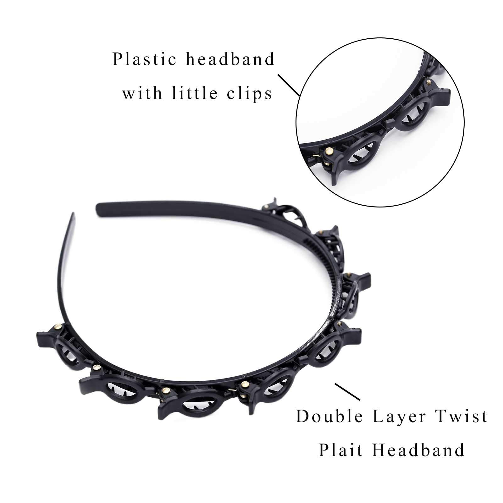 Double Layer Twist Plait Plastic Headband with Alligator Clips - Women & Girls Hair Accessories (2-Pack, Black & Brown) | Perfect for School, Work, and Everyday Styling