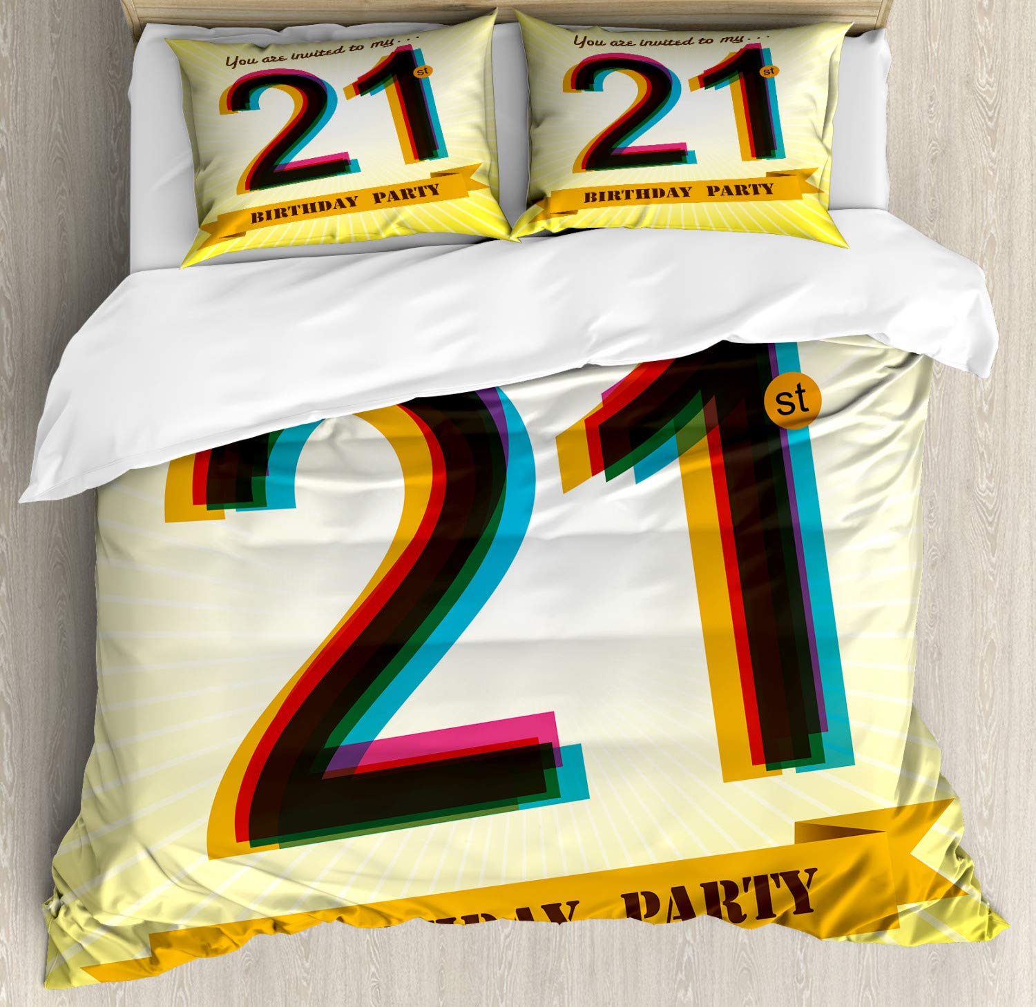 Ambesonne 21st Birthday Duvet Cover Set - Vibrant Yellow Radial Party Design with 2 Pillow Shams - 3-Piece California King Bedding Set for Birthday Celebrations & Teen Room Decor