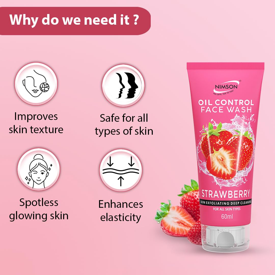 Nimson Oil Control Strawberry Face Wash - Deep Cleaning & Exfoliation for All Skin Types, 60ml (Pack of 5) - Perfect for Daily Skincare Routine & Acne-Prone Skin