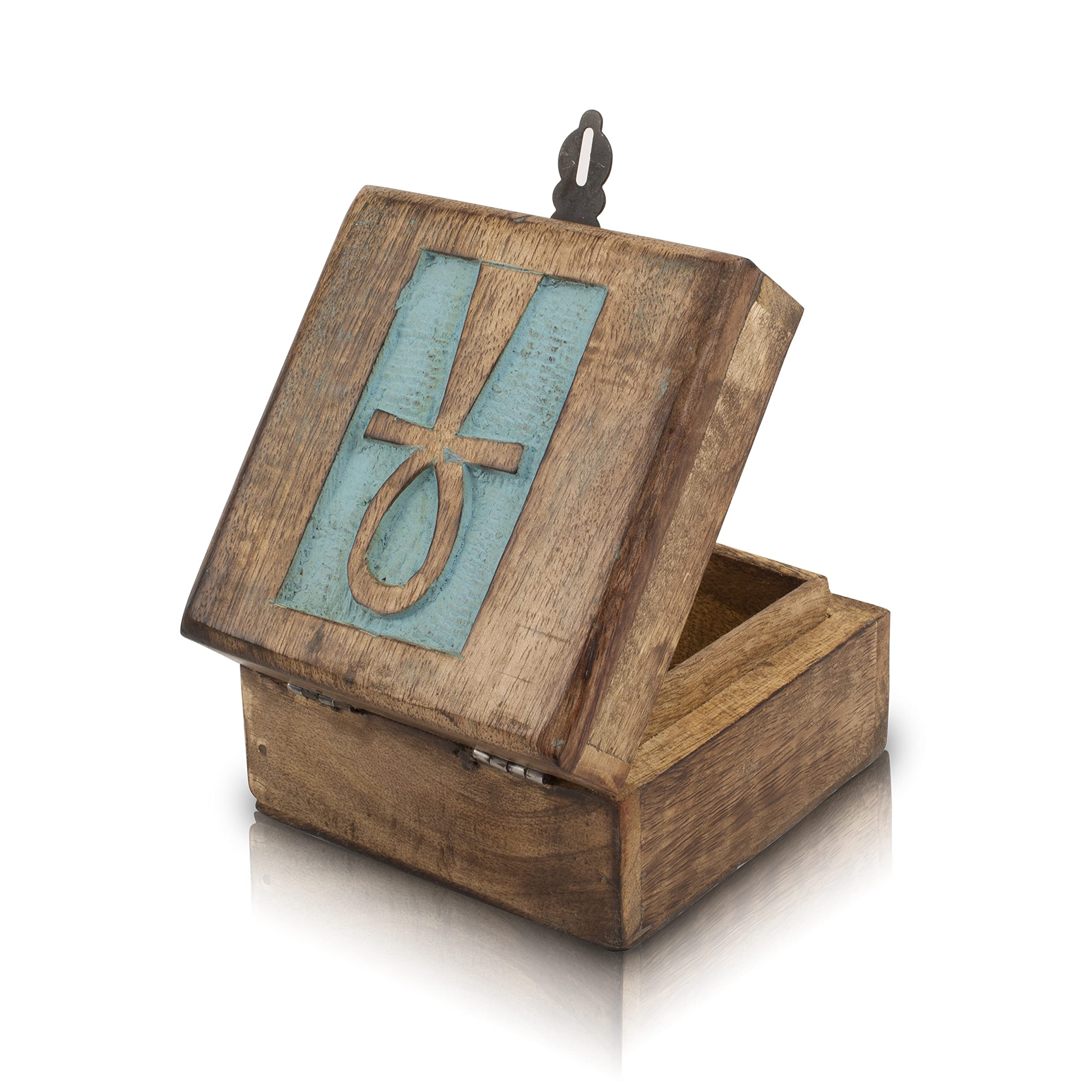Handmade Wooden Jewelry Box with Ankh Carving - 4x4 Inch Blue Jewelry Organizer, Keepsake & Watch Storage Box - Perfect for Housewarming Gifts, Travel & Home Decor